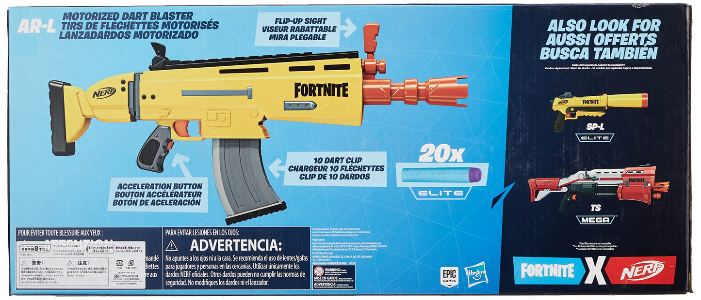 Nerf Fortnite AR-L Nerf Elite Dart Blaster – Motorized, 20 Darts, 10-Dart Clip, Flip-Up Sights