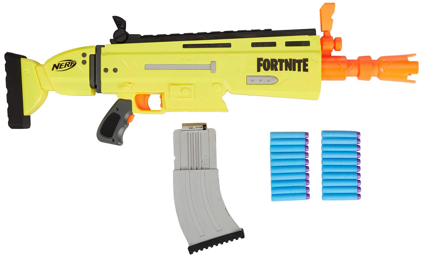 Nerf Fortnite AR-L Nerf Elite Dart Blaster – Motorized, 20 Darts, 10-Dart Clip, Flip-Up Sights