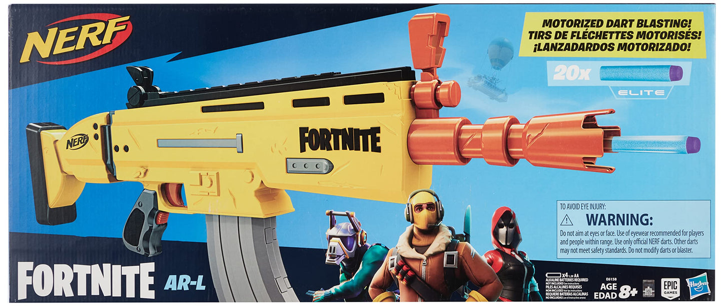 Nerf Fortnite AR-L Nerf Elite Dart Blaster – Motorized, 20 Darts, 10-Dart Clip, Flip-Up Sights