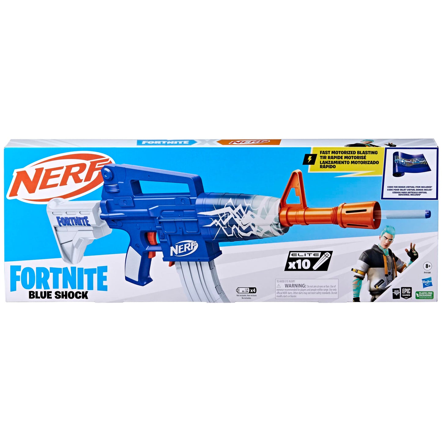 Nerf Fortnite Blue Shock Blaster – 10-Dart Clip, Motorized Blasting, Beat Wrap Code