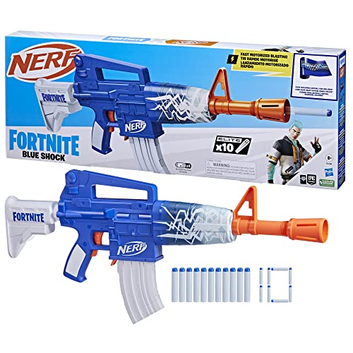 Nerf Fortnite Blue Shock Blaster – 10-Dart Clip, Motorized Blasting, Beat Wrap Code