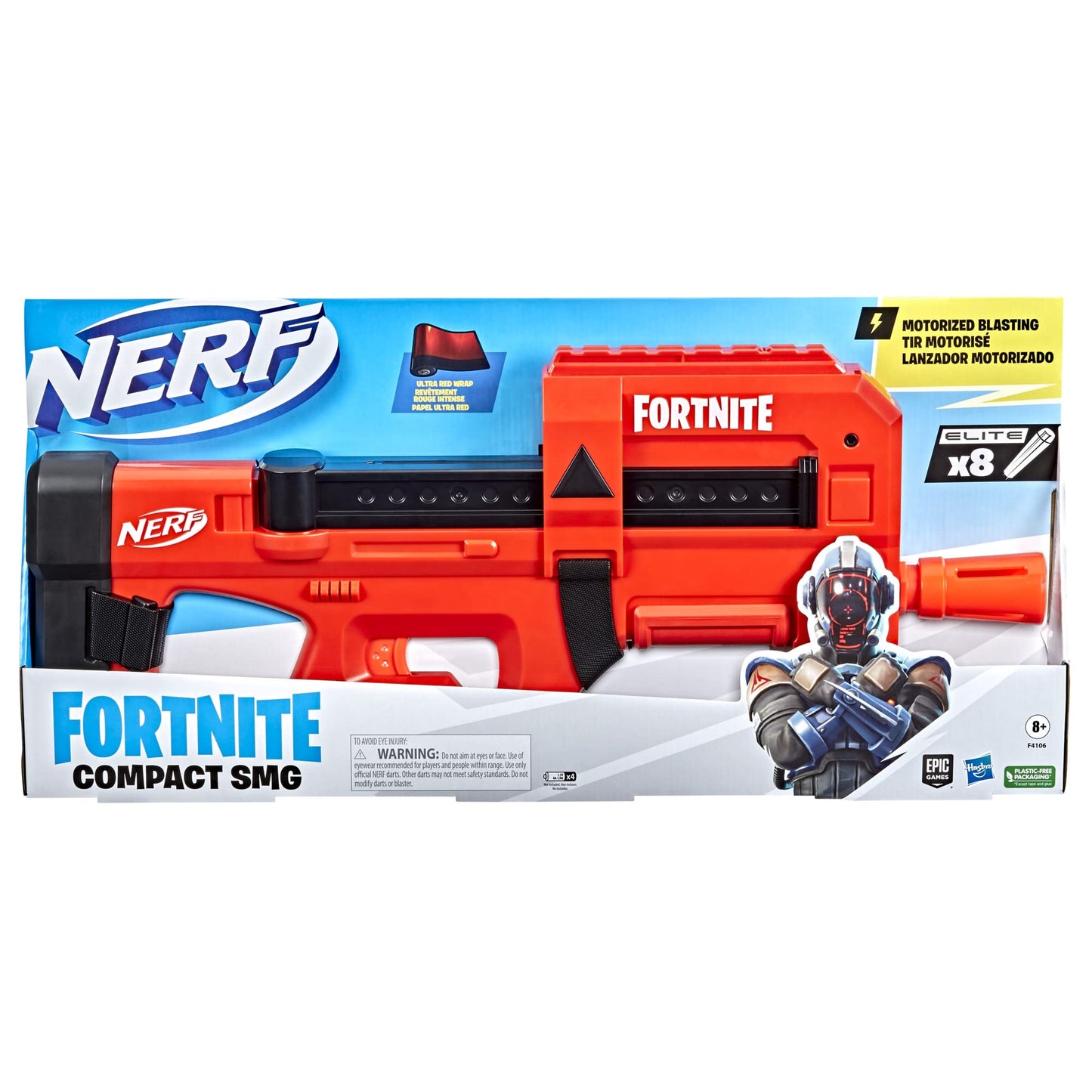 Nerf Fortnite Compact SMG Blaster – Ultra Red Wrap, 8-Dart Motorized Clip