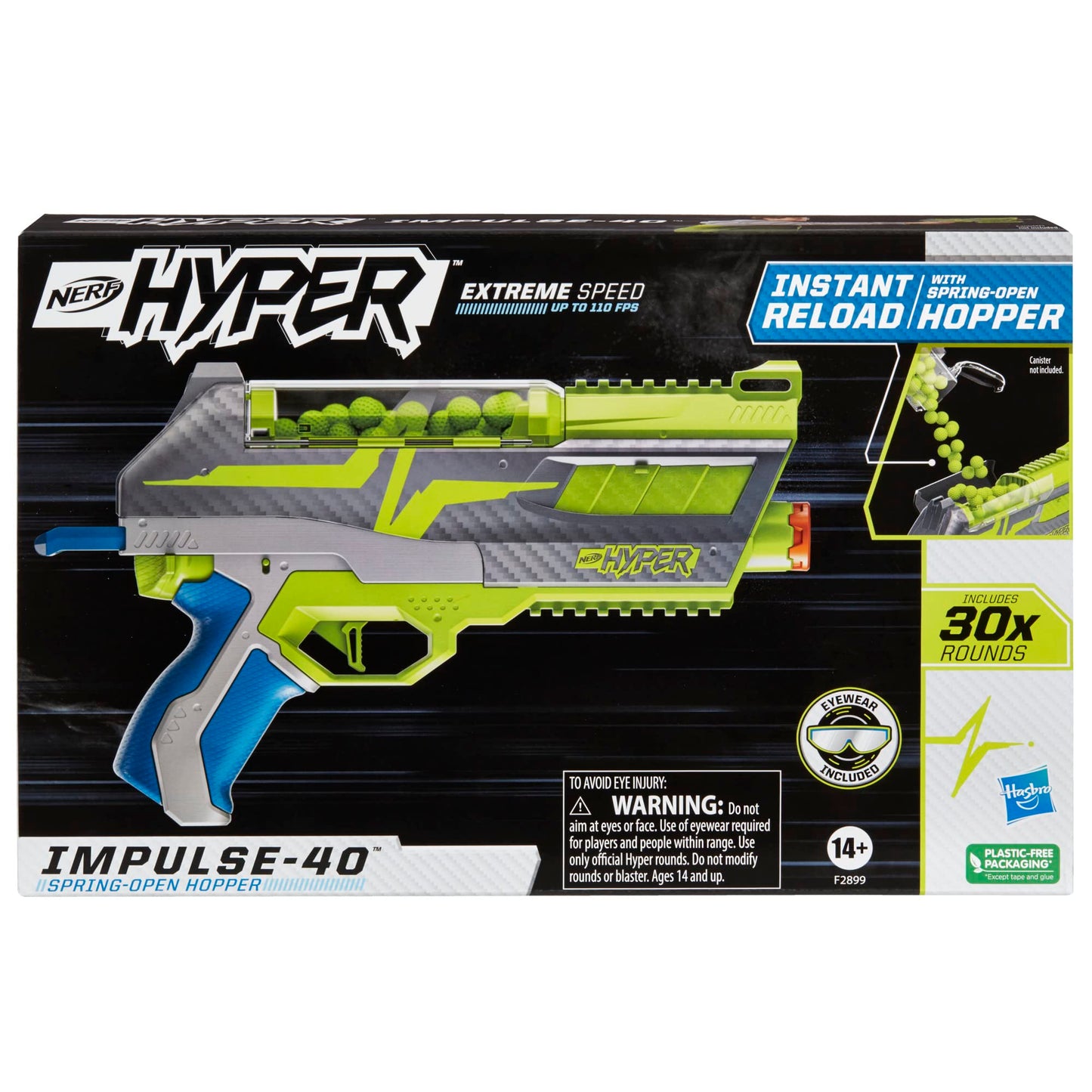 NERF Hyper Impulse-40 Blaster — 110 FPS, Spring-Open Hopper, Eyewear Included