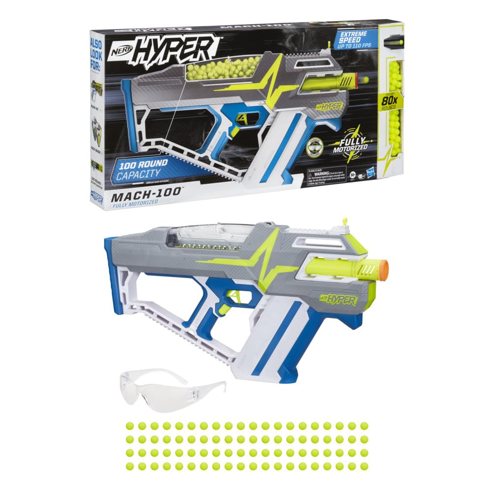 Nerf Hyper Mach-100 Fully Motorized Blaster – 110 FPS, 100-Round Hopper, Eyewear Included