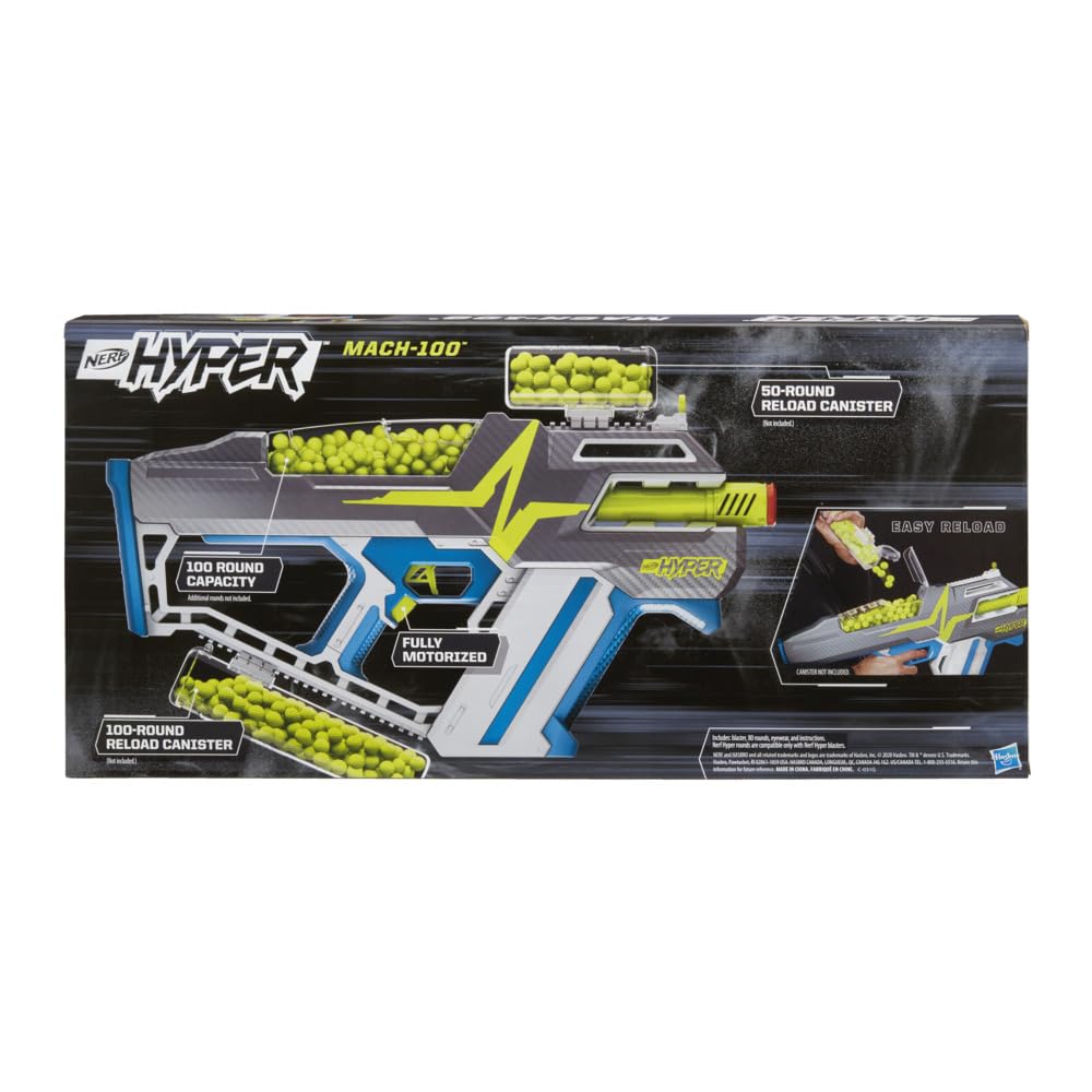 Nerf Hyper Mach-100 Fully Motorized Blaster – 110 FPS, 100-Round Hopper, Eyewear Included