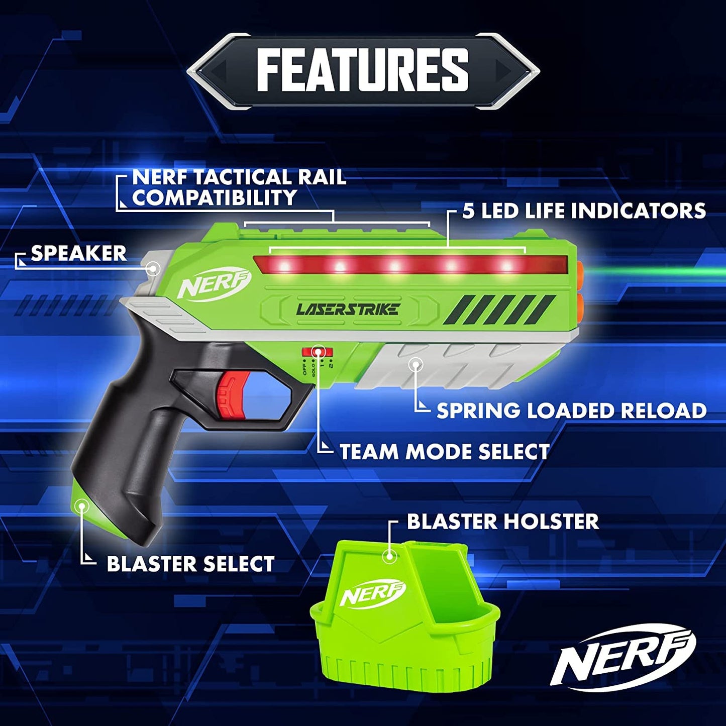 NERF Laser Strike 4-Player Laser Tag Game Pack – 4 Blasters & 4 Holsters, 300ft Range, Indoor/Outdoor