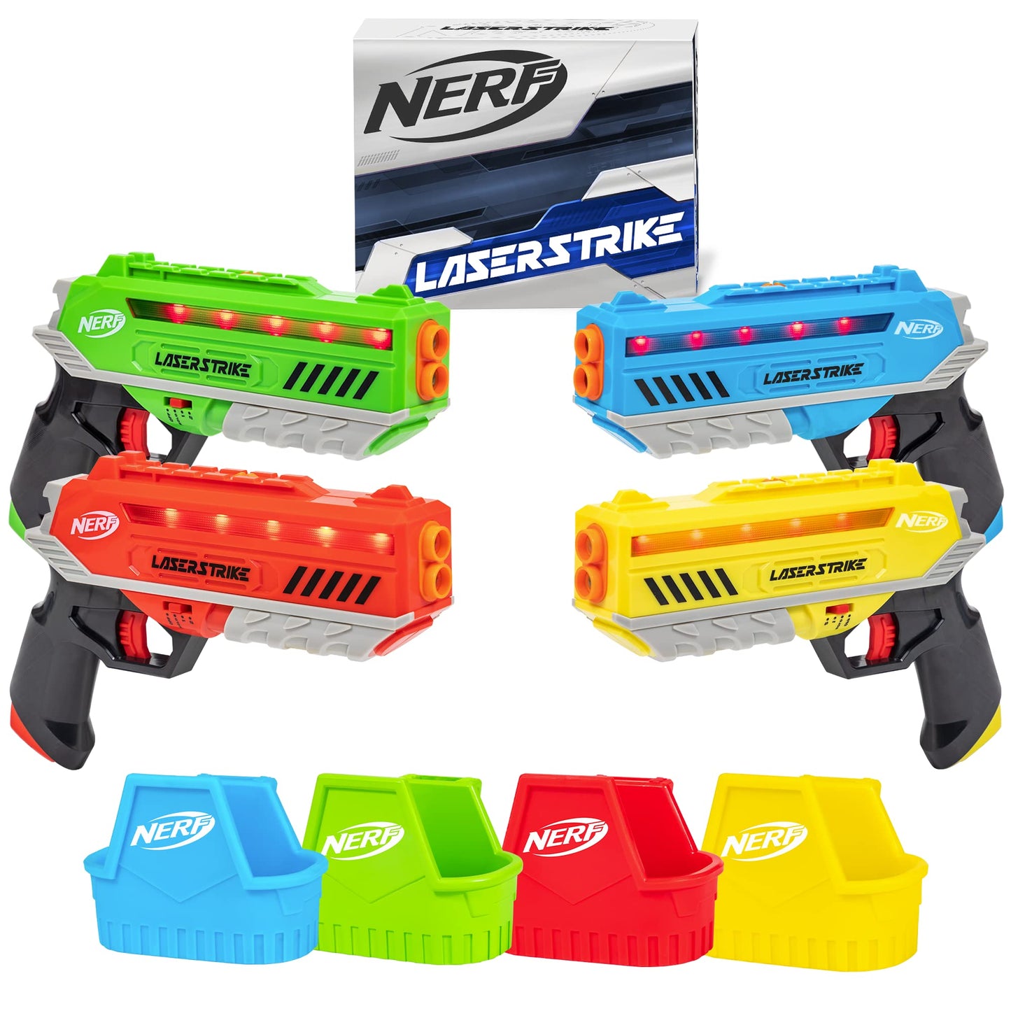 NERF Laser Strike 4-Player Laser Tag Game Pack – 4 Blasters & 4 Holsters, 300ft Range, Indoor/Outdoor