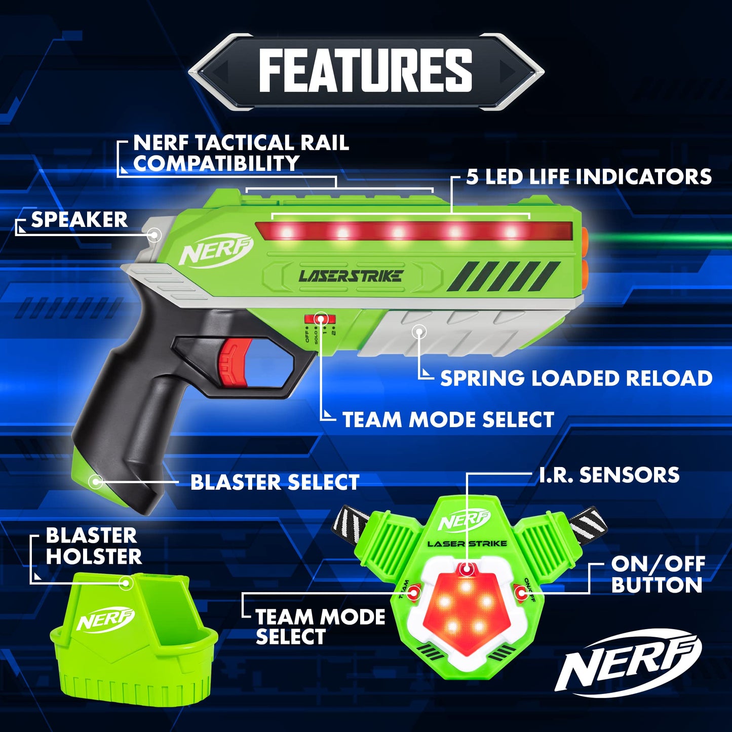 Nerf Laser Strike 4-Player Laser Tag Game Pack – 4 Blasters, Targets & Holsters, 300ft Range