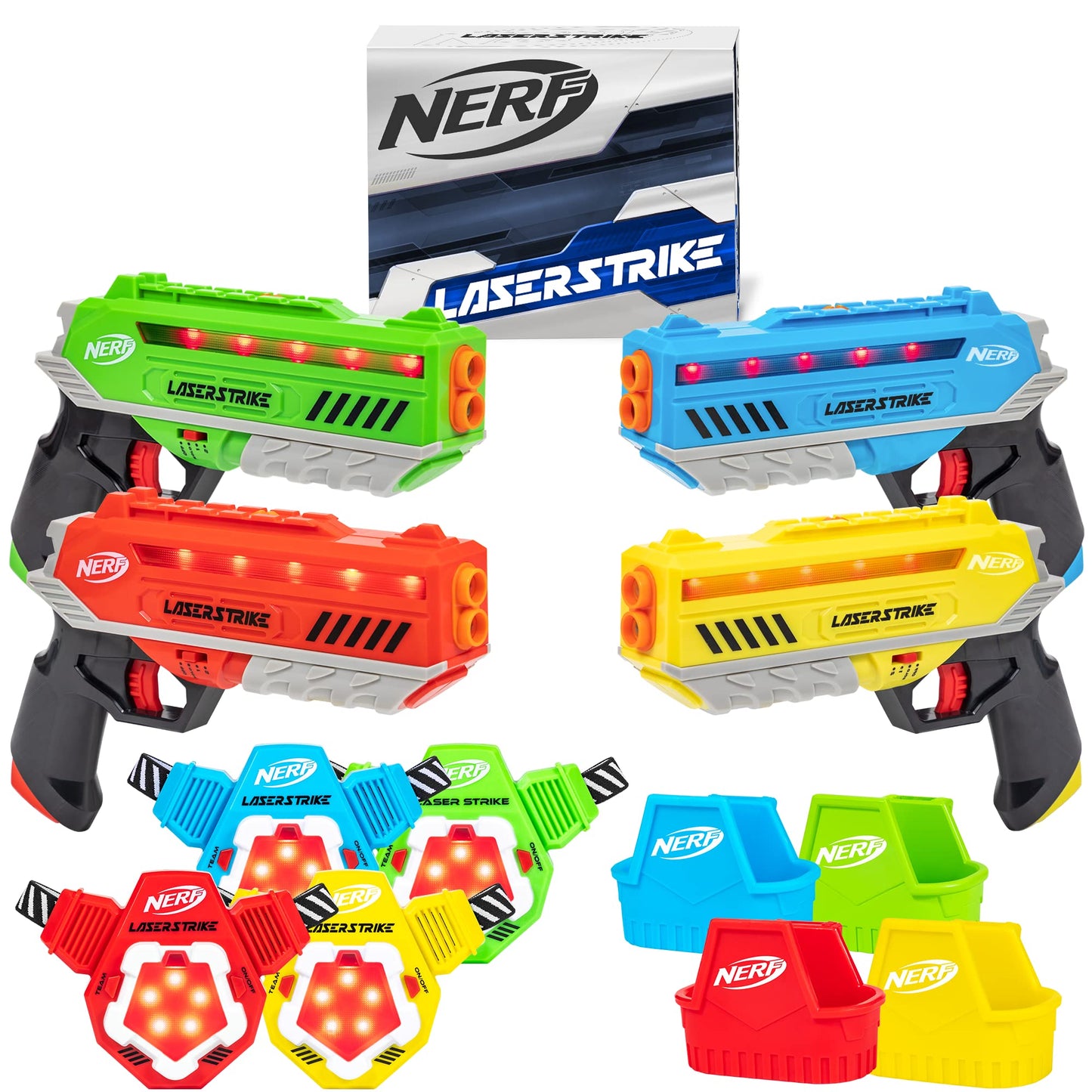Nerf Laser Strike 4-Player Laser Tag Game Pack – 4 Blasters, Targets & Holsters, 300ft Range