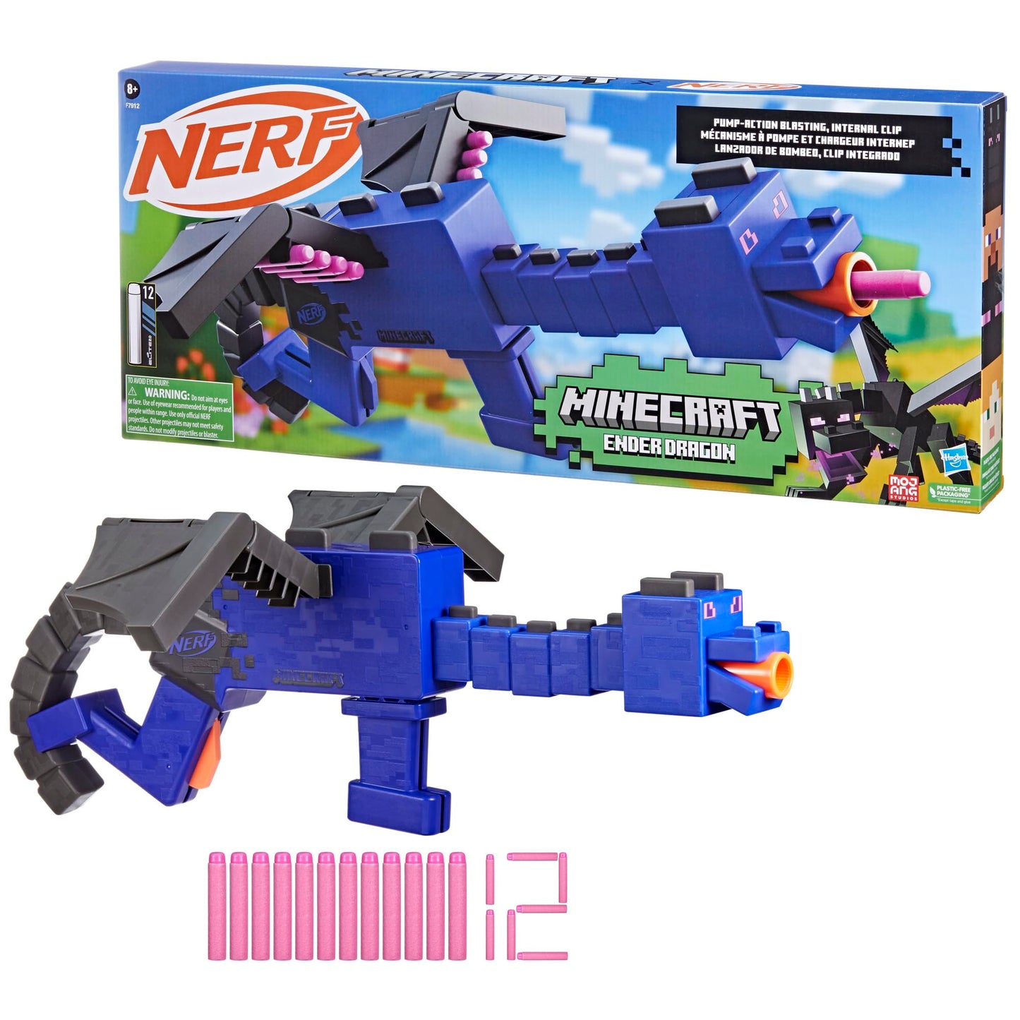Nerf Minecraft Ender Dragon Blaster – 4-Dart Clip, 12 Darts, Wing Storage