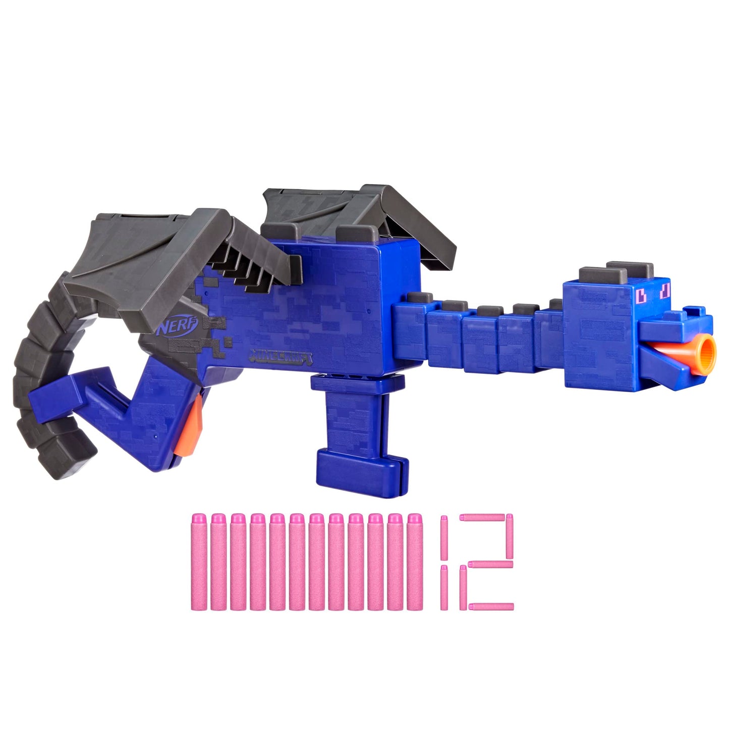 Nerf Minecraft Ender Dragon Blaster – 4-Dart Clip, 12 Darts, Wing Storage