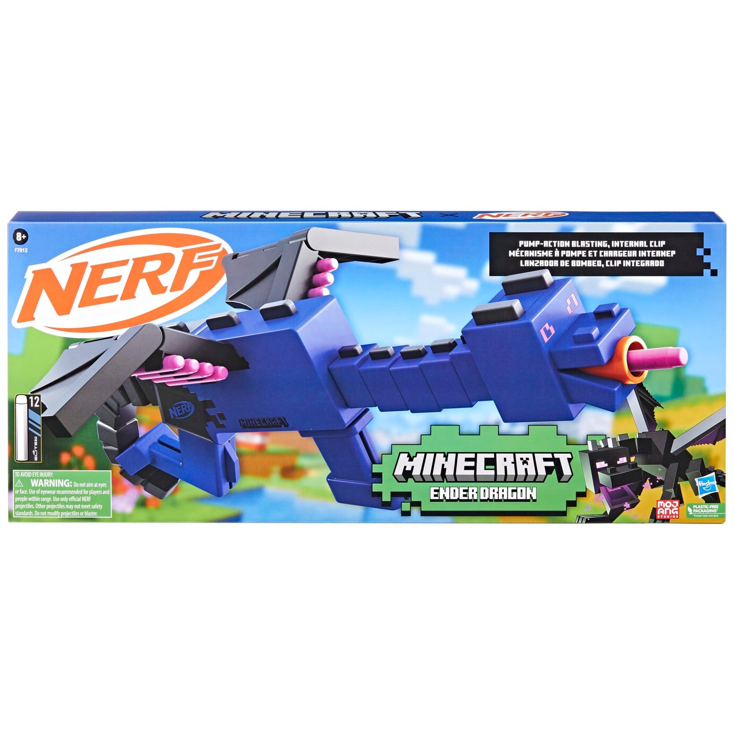 Nerf Minecraft Ender Dragon Blaster – 4-Dart Clip, 12 Darts, Wing Storage