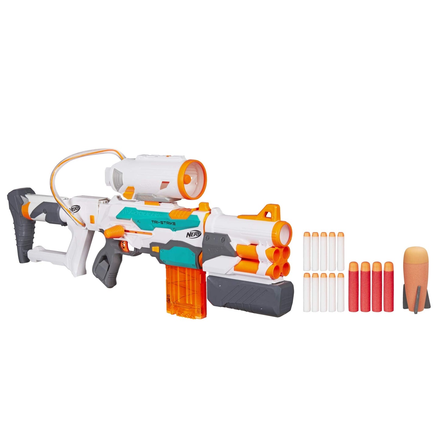Nerf Modulus Tri-Strike Blaster with Mega Barrel & Rocket Launcher – Amazon Exclusive