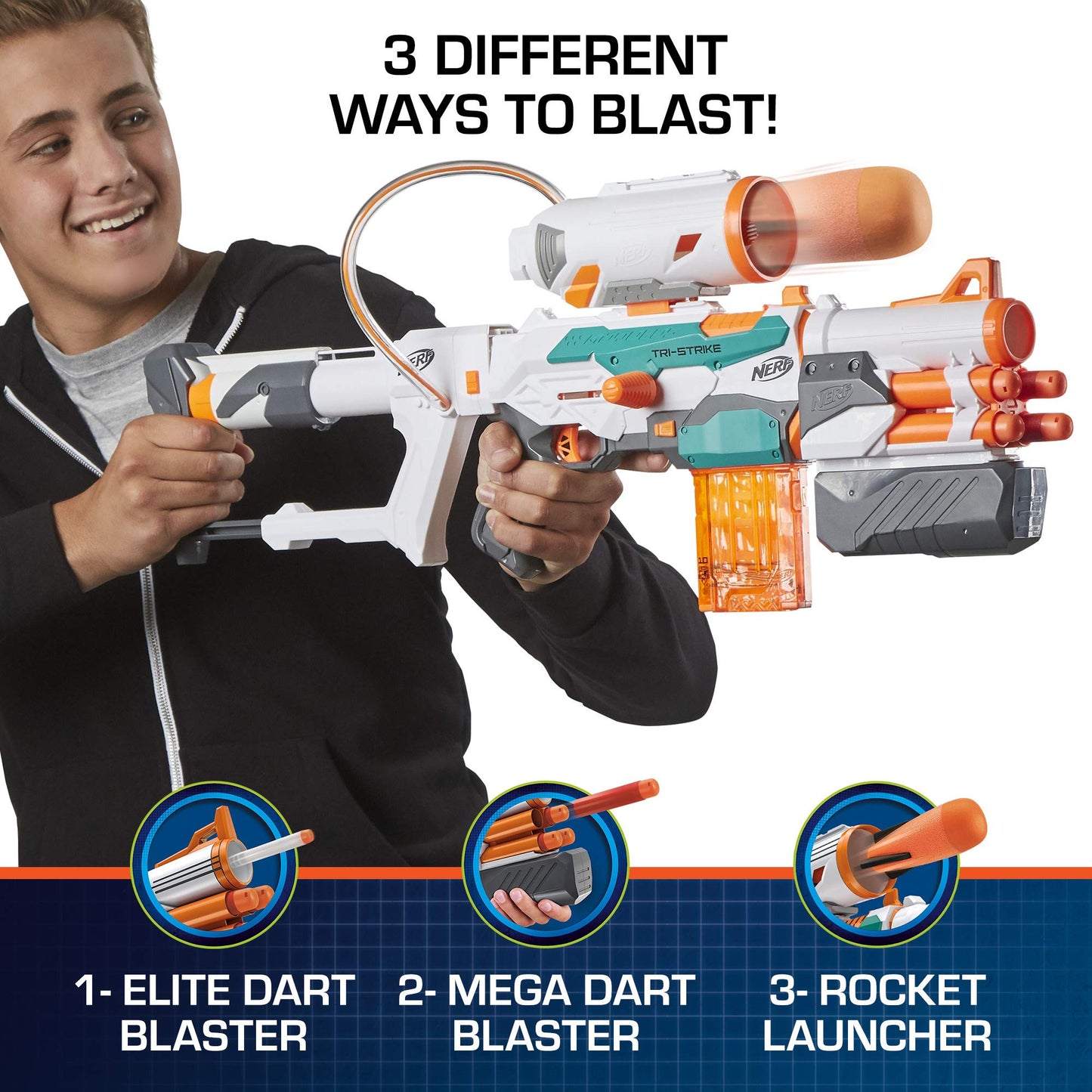 Nerf Modulus Tri-Strike Blaster with Mega Barrel & Rocket Launcher – Amazon Exclusive