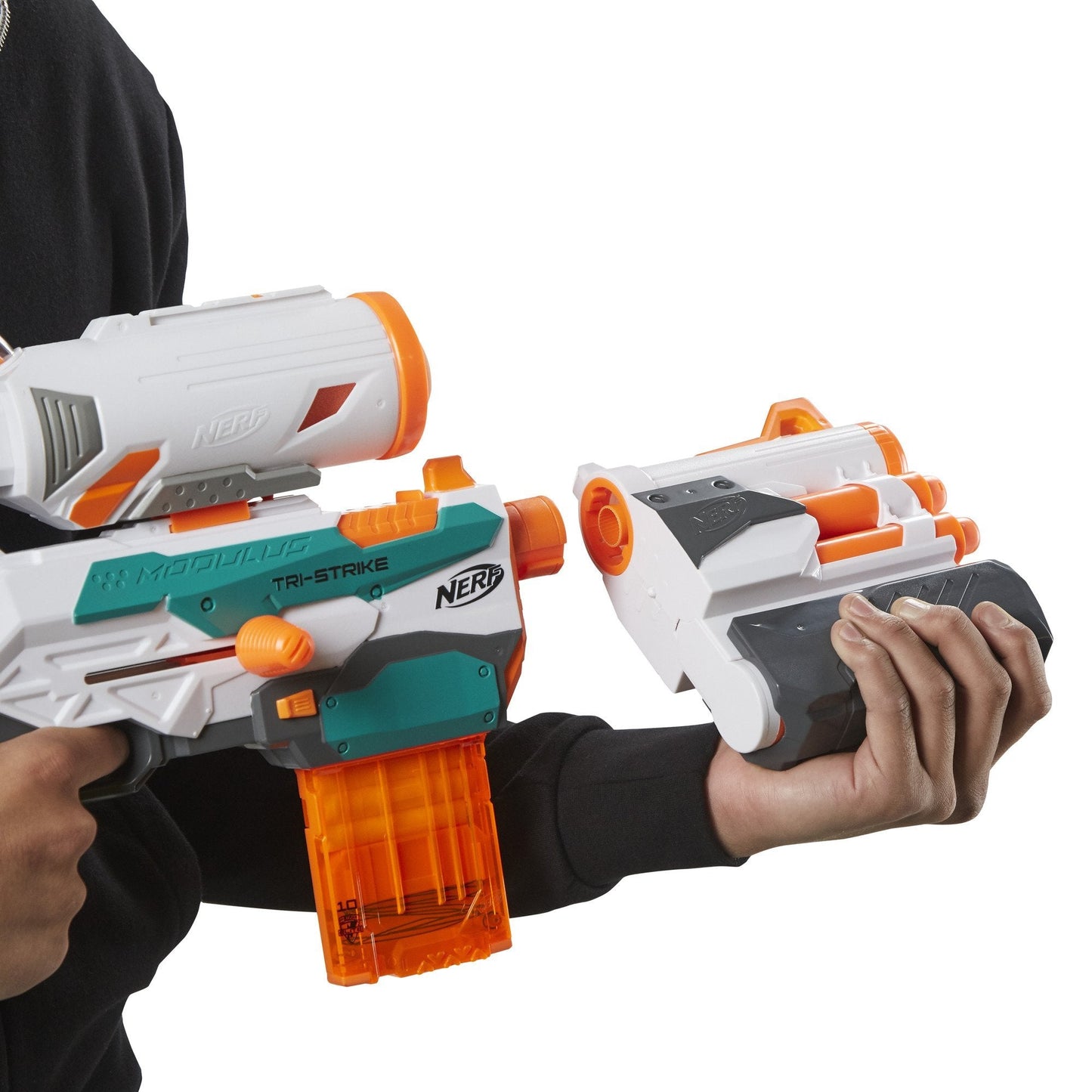 Nerf Modulus Tri-Strike Blaster with Mega Barrel & Rocket Launcher – Amazon Exclusive