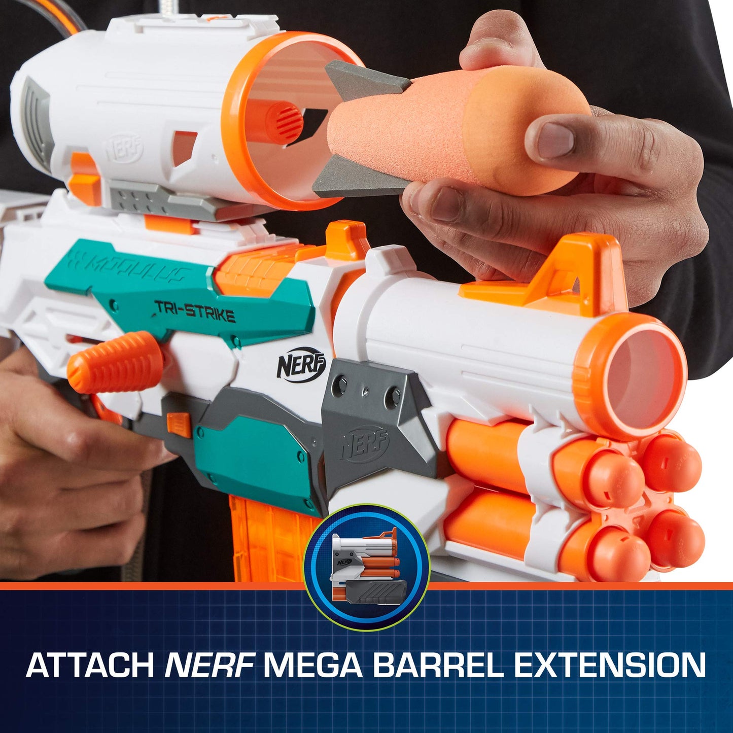 Nerf Modulus Tri-Strike Blaster with Mega Barrel & Rocket Launcher – Amazon Exclusive