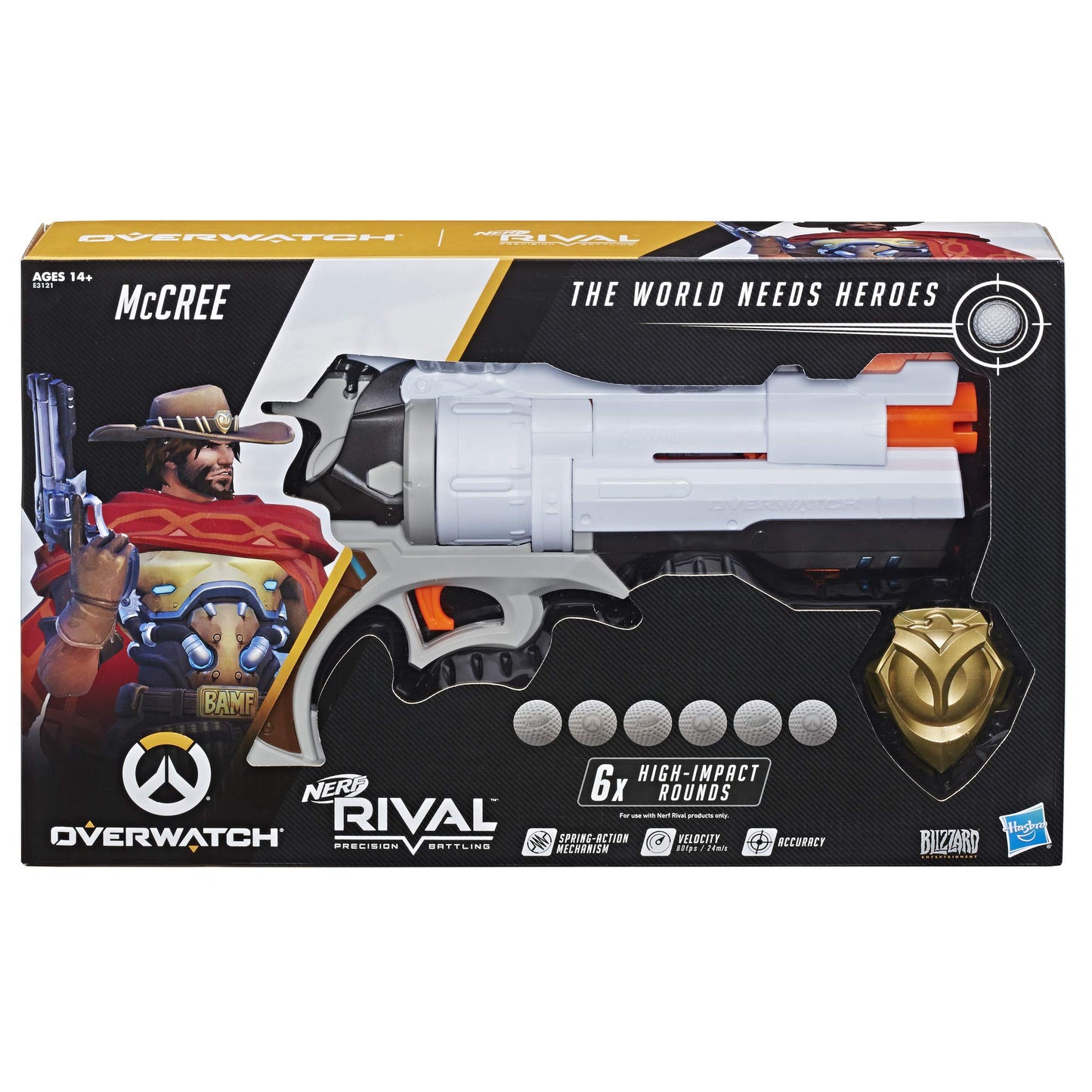 Nerf Overwatch McCree Rival Blaster with Die Cast Badge – 6 Rounds, 80 FPS