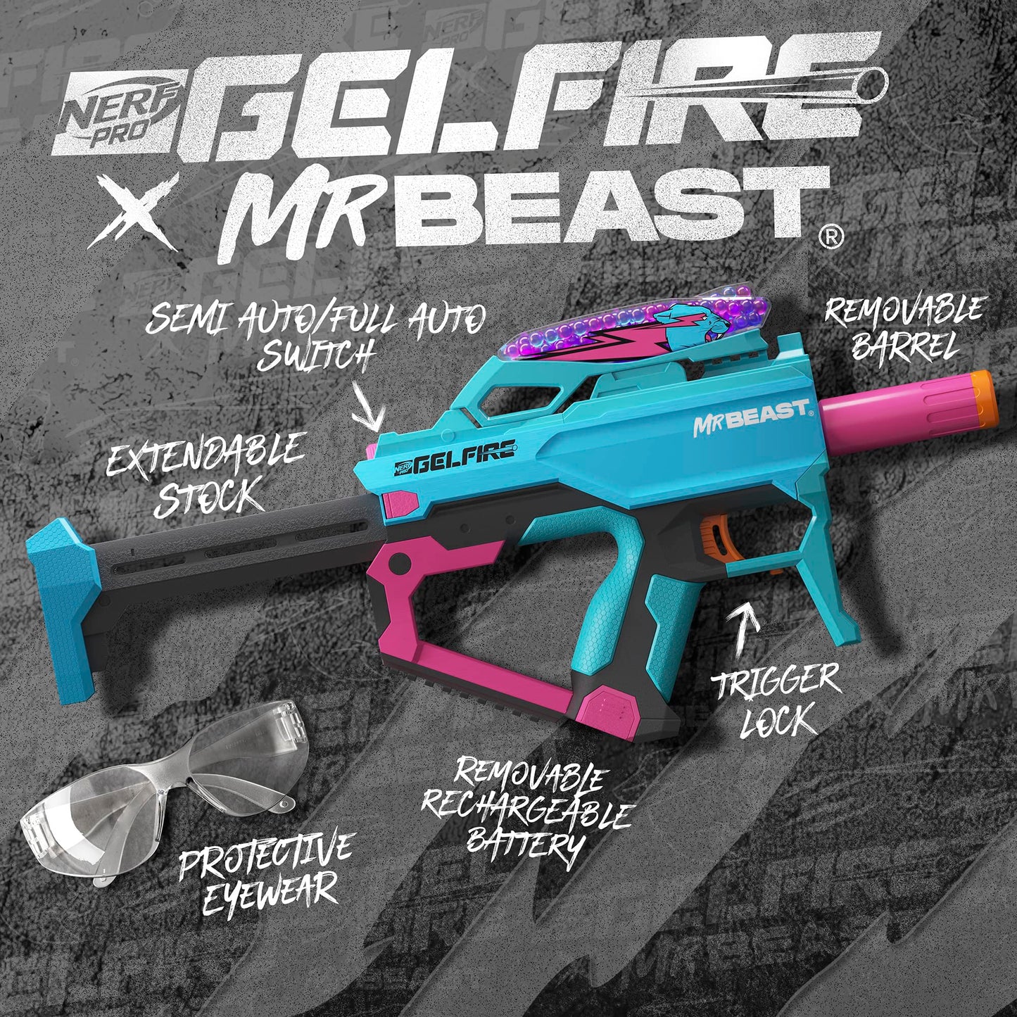 NERF Pro Gelfire X MrBeast Full Auto Blaster — 20,000 Dehydrated Rounds, 300-Round Hopper | Nerf