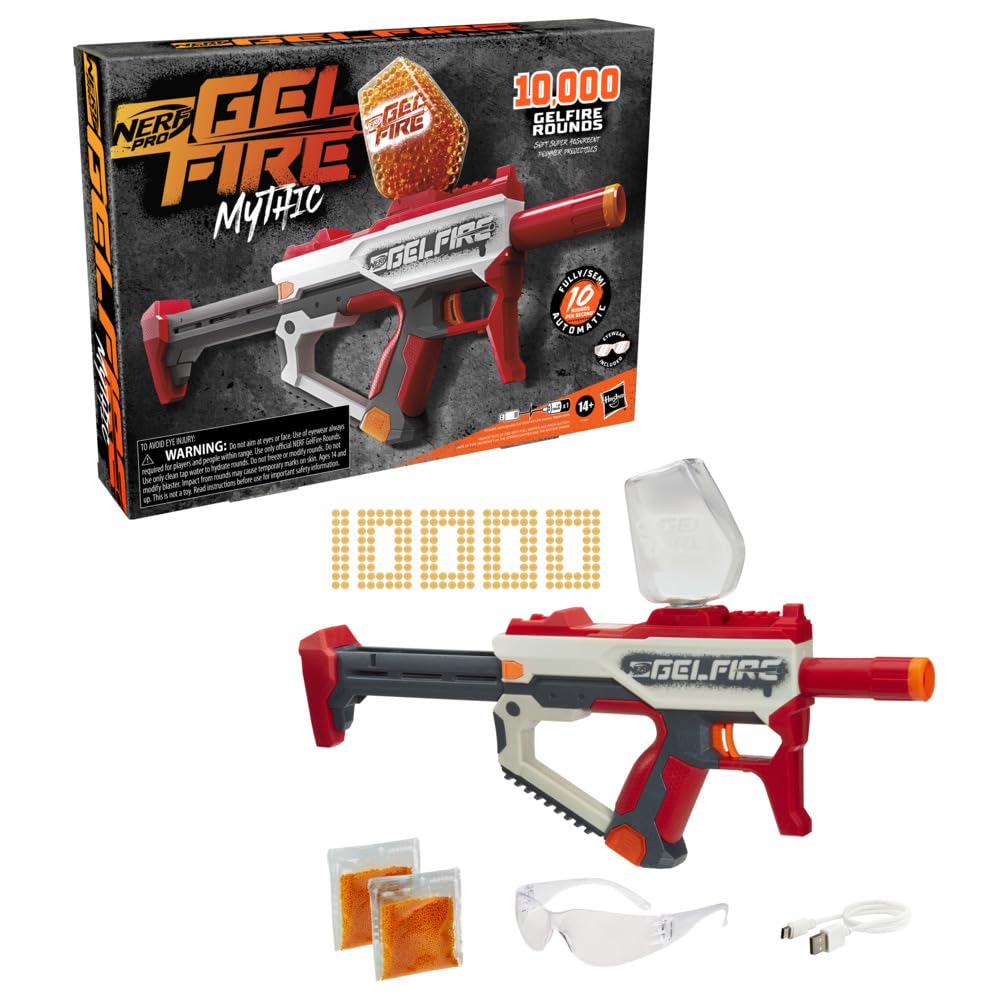 Nerf Pro Gelfire Mythic Full Auto Blaster – 10,000 Rounds, 800-Hopper, Rechargeable Battery