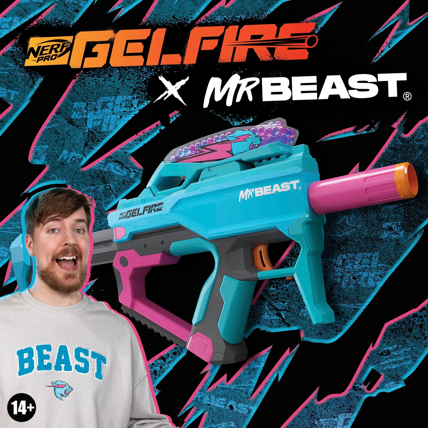 NERF Pro Gelfire X MrBeast Full Auto Blaster — 20,000 Dehydrated Rounds, 300-Round Hopper | Nerf