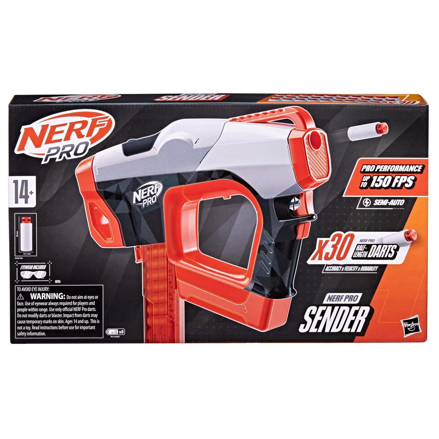 Nerf Pro Sender Half-Length Semi-Auto Dart Blaster — 150 FPS, 15-Dart Magazine
