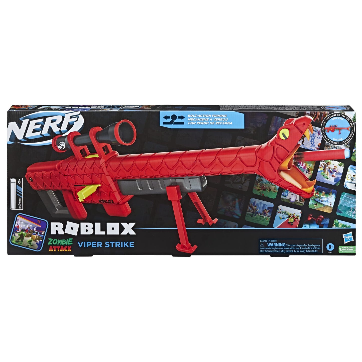 NERF Roblox Zombie Attack: Viper Strike Sniper-Inspired Blaster with Scope and Exclusive Roblox Item Code