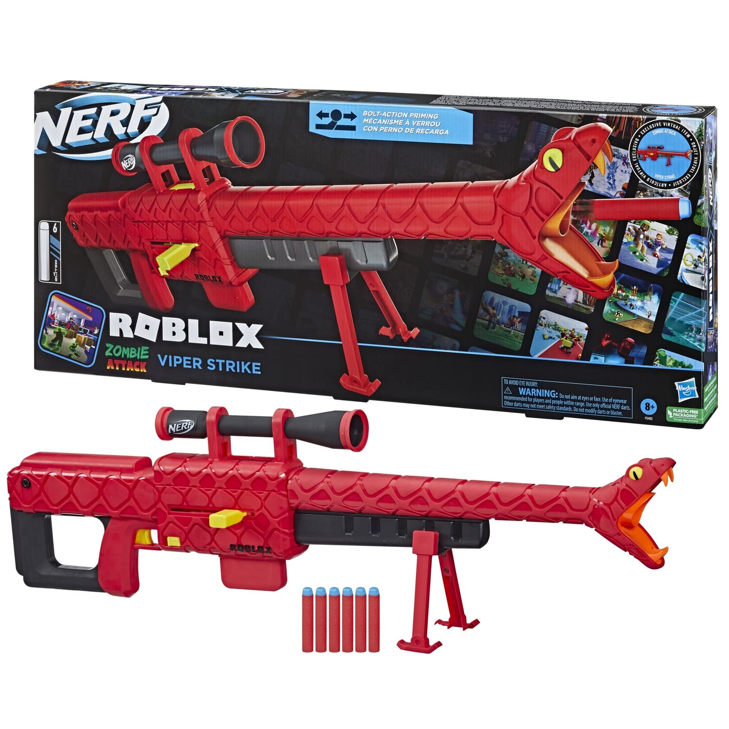 NERF Roblox Zombie Attack: Viper Strike Sniper-Inspired Blaster with Scope and Exclusive Roblox Item Code