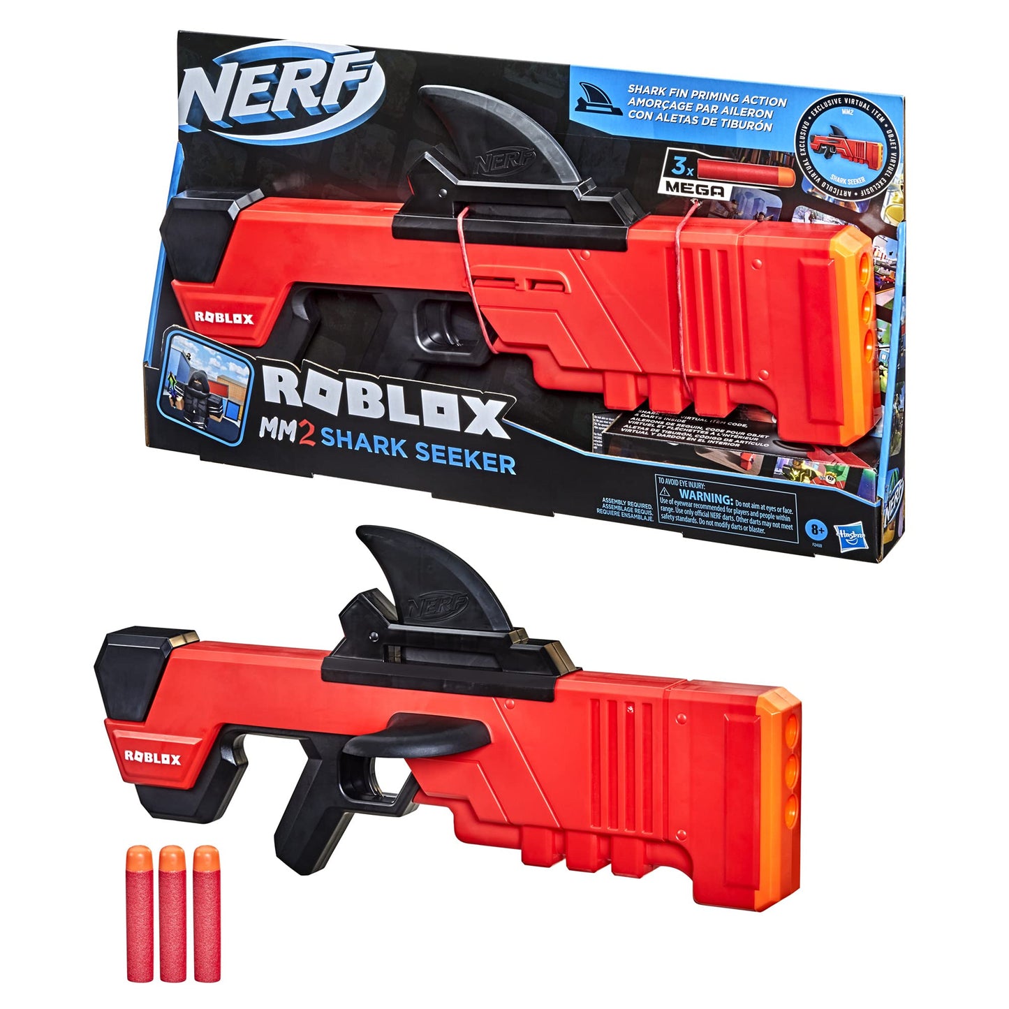 Nerf Roblox MM2 Shark Seeker Dart Blaster — Shark Fin Prime, 3 Mega Darts & Roblox Code