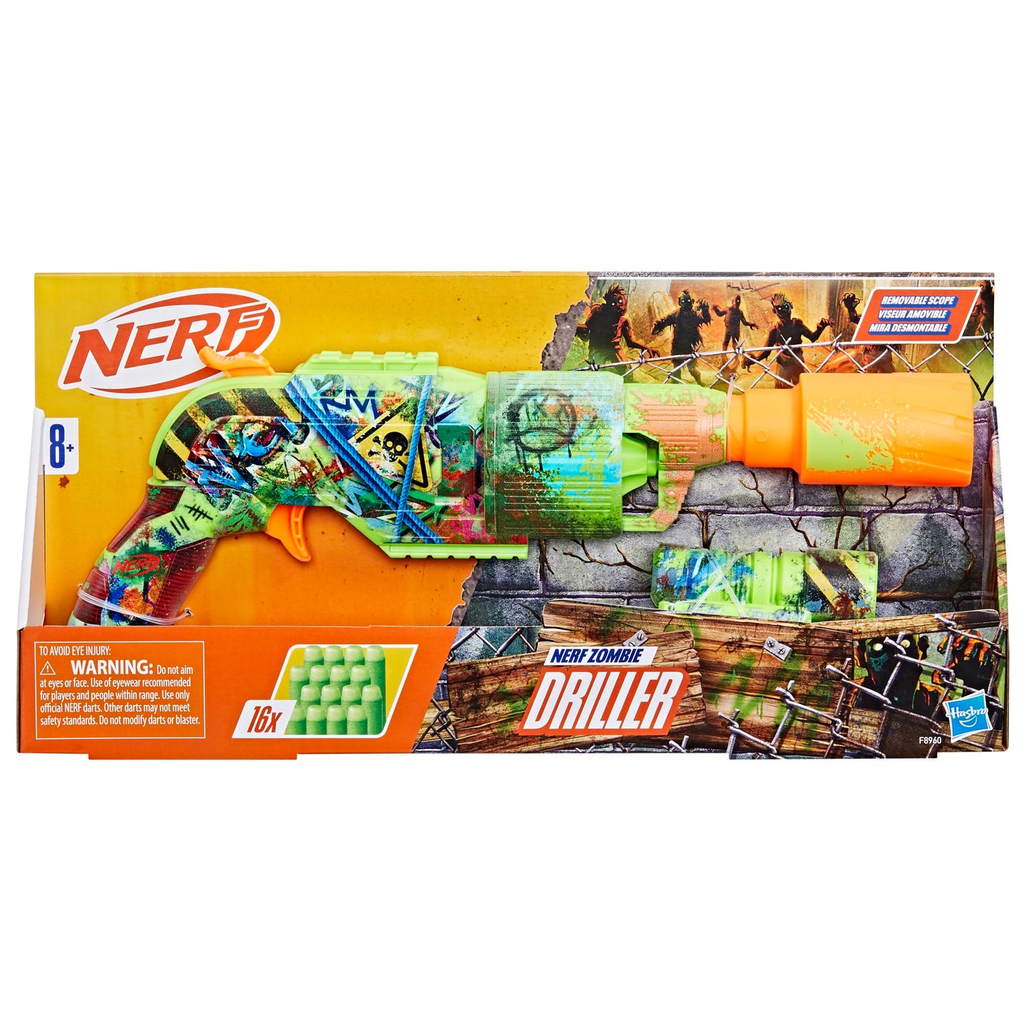 NERF Zombie Driller Dart Blaster – 5-Dart Cylinder, Removable Scope, Includes 16 Nerf Elite Darts (Ages 8+)
