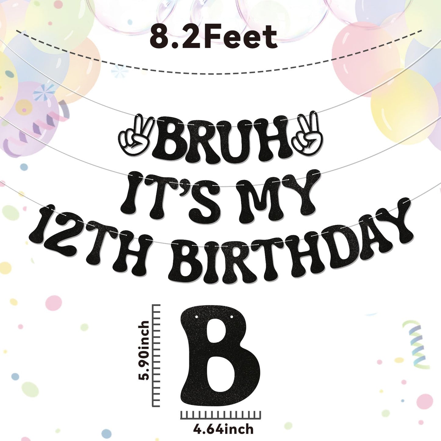 Nesinpa Bruh It's My 12th Birthday Banner | Glitter Black Teen Party Decor