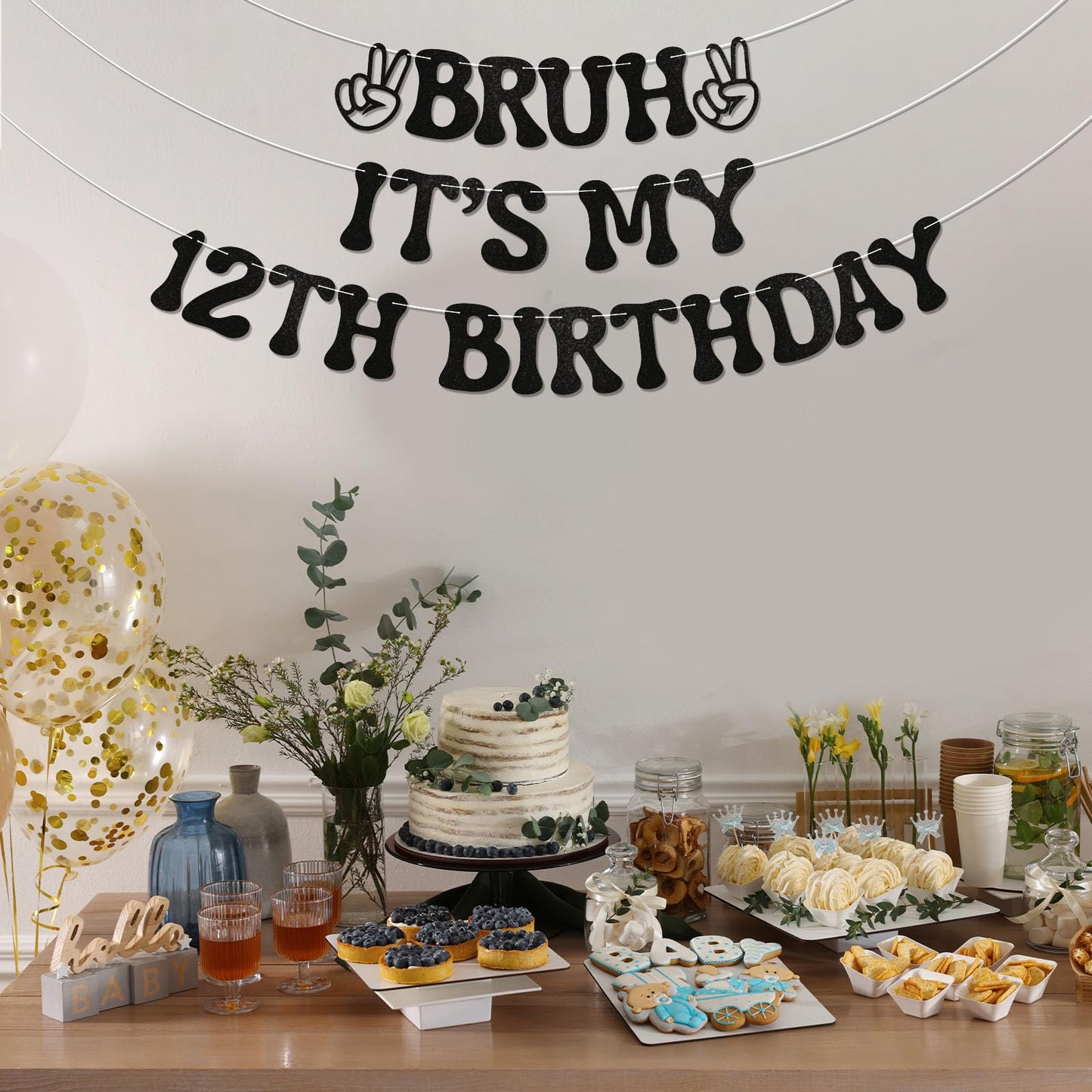 Nesinpa Bruh It's My 12th Birthday Banner | Glitter Black Teen Party Decor