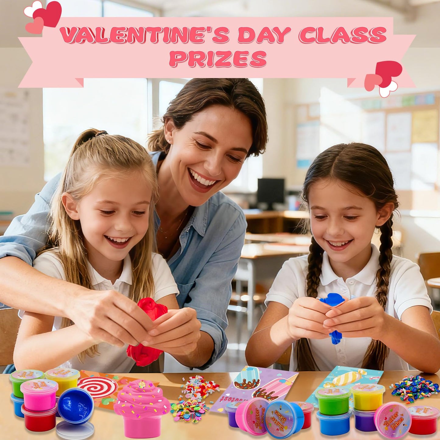 NESTALK Valentines Day Gifts for Kids: 28 Butter Slime Cards & Classroom Prize Kit