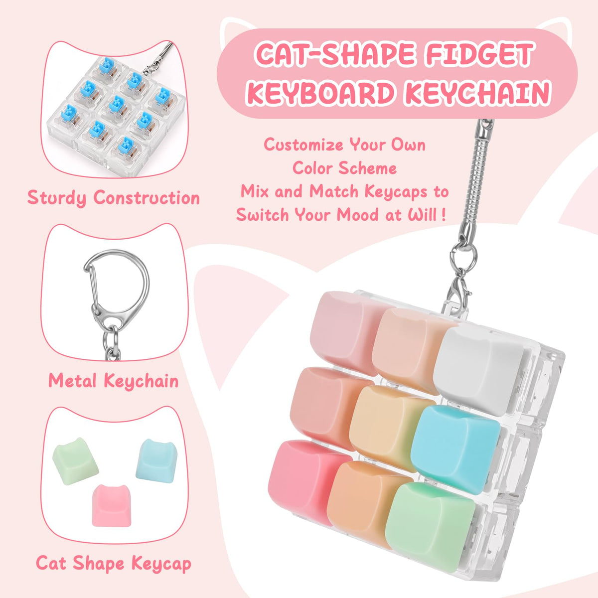 Netholid Clicky Cat Shape Keyboard Fidget Toy – Colorful 3x3 Button Keychain