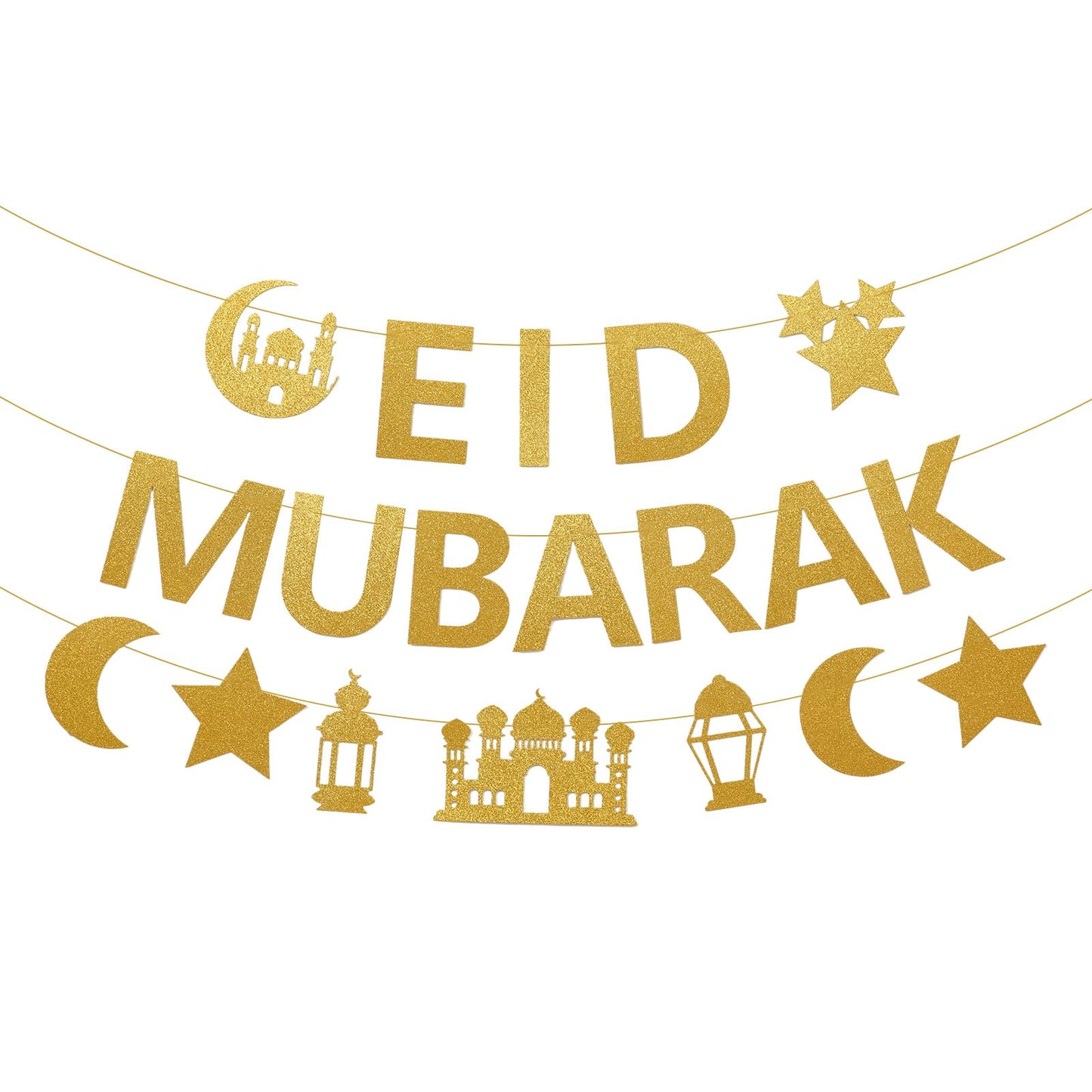 Netnology Eid Mubarak Banner - 10ft Gold Glitter Moon Star Mosque, No DIY Required