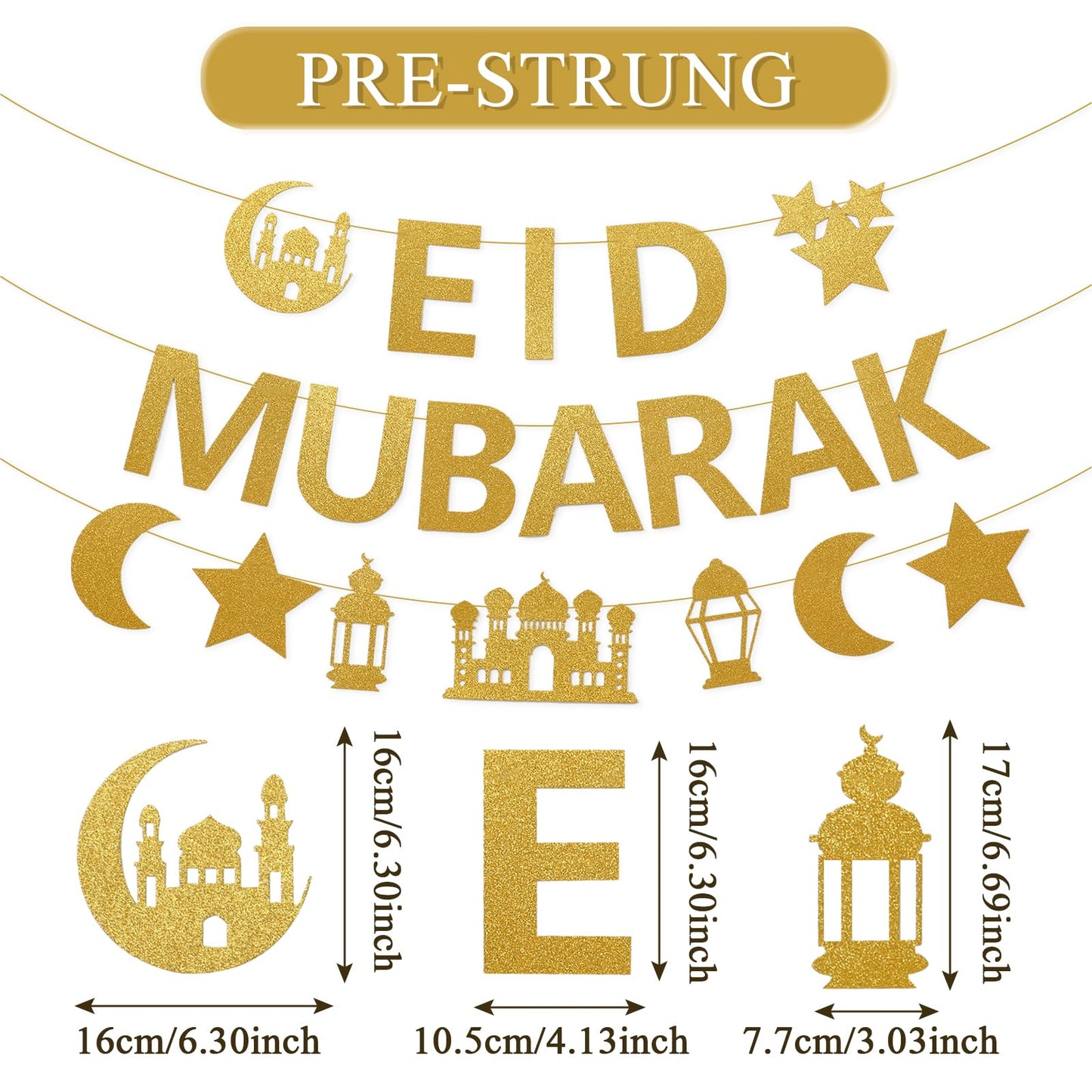 Netnology Eid Mubarak Banner - 10ft Gold Glitter Moon Star Mosque, No DIY Required
