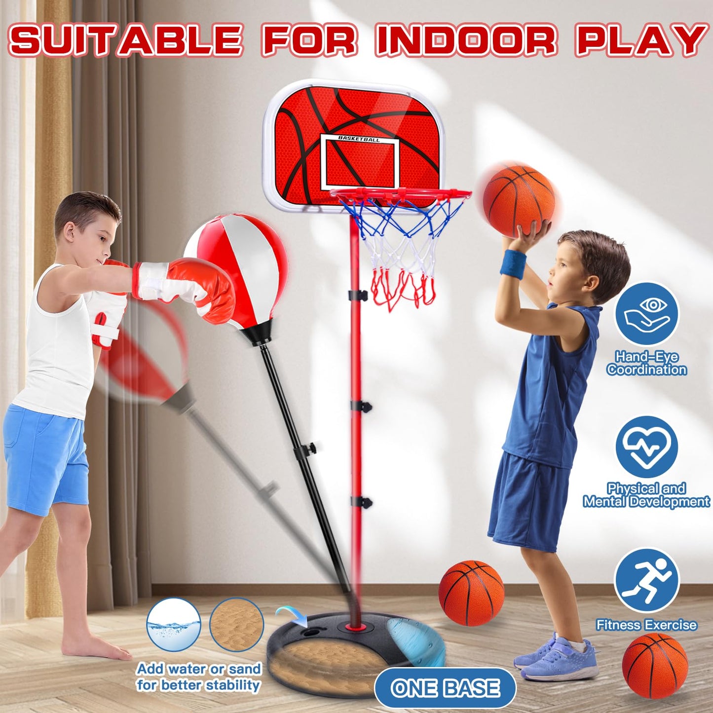 NEUBSAW 2-in-1 Adjustable Kids Basketball Hoop & Punching Bag with Stand
