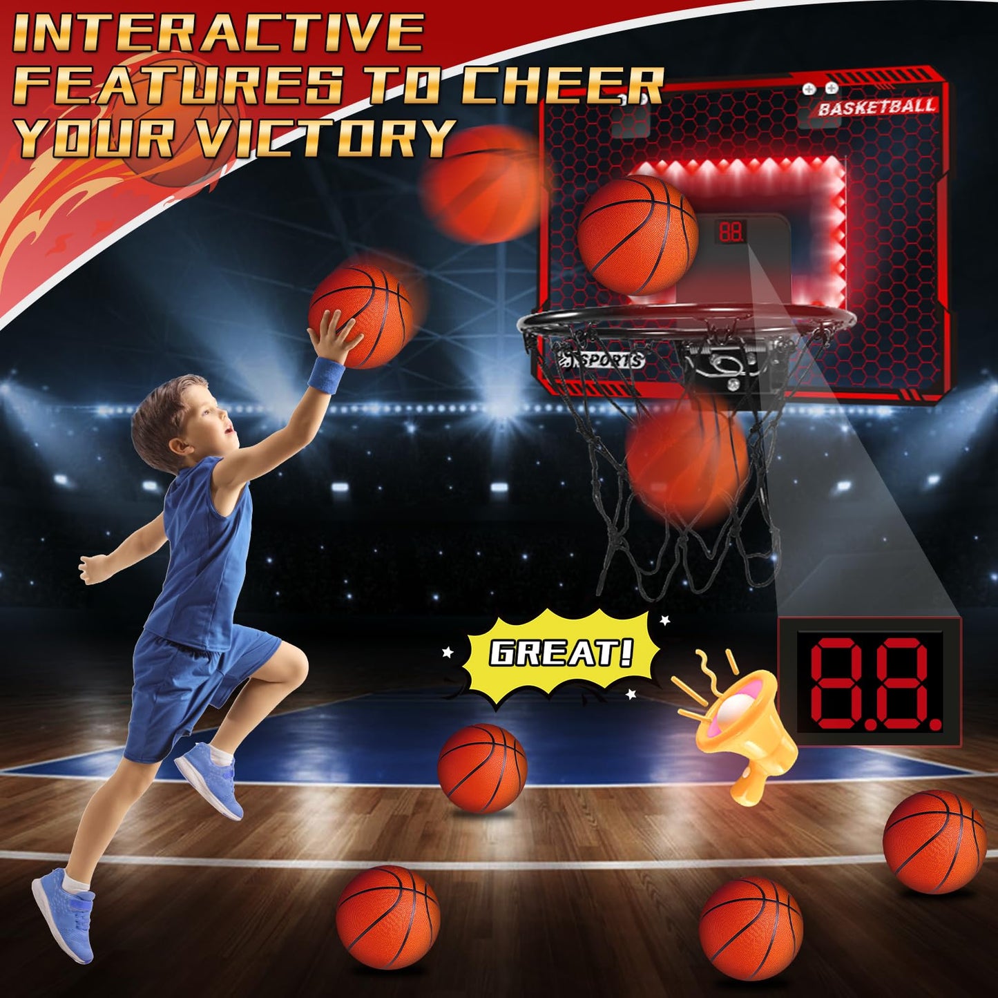 NEUBSAW Indoor Basketball Hoop with LED Lights – Door Mount, Scoreboard & 3 Balls
