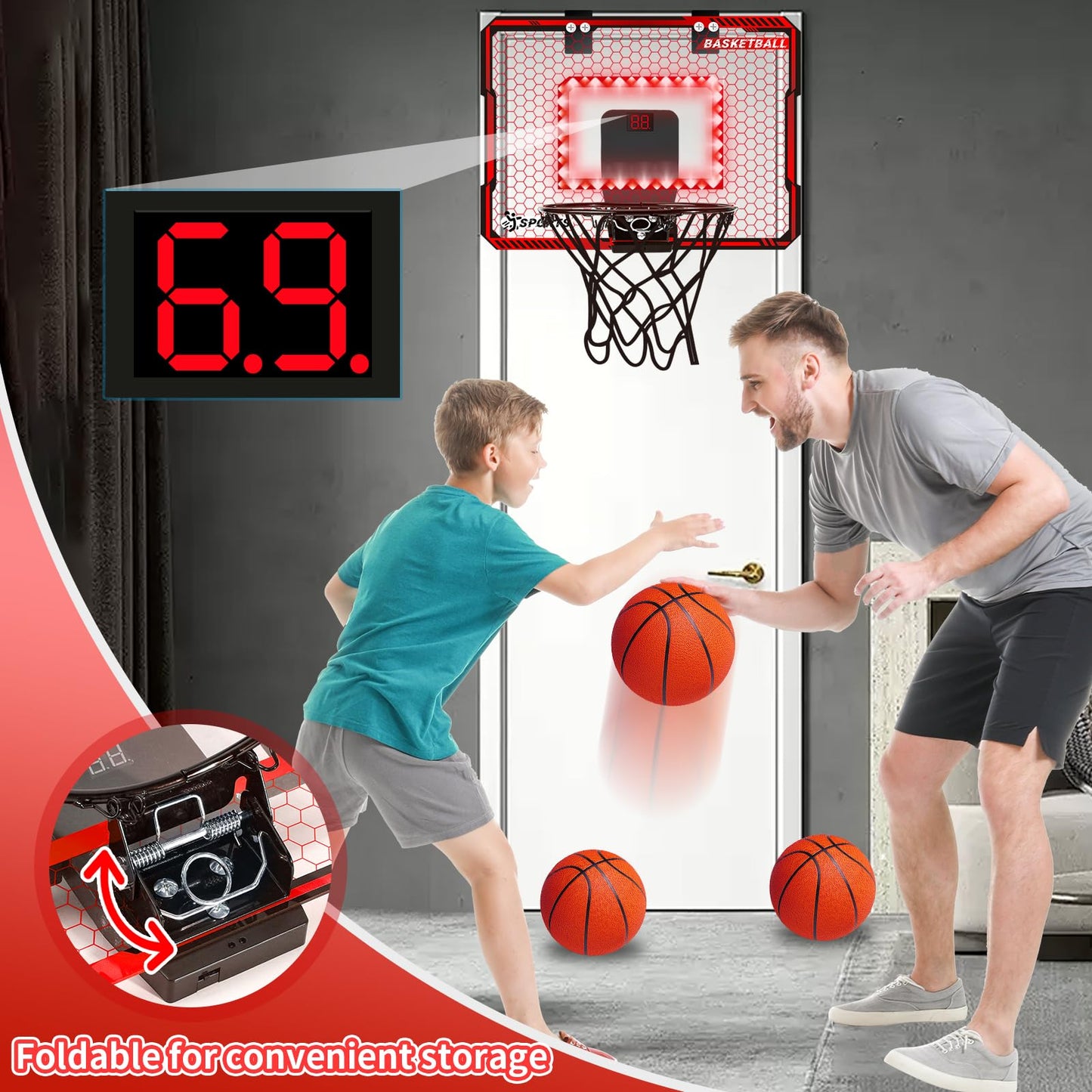 NEUBSAW Indoor Basketball Hoop with LED Lights – Door Mount, Scoreboard & 3 Balls
