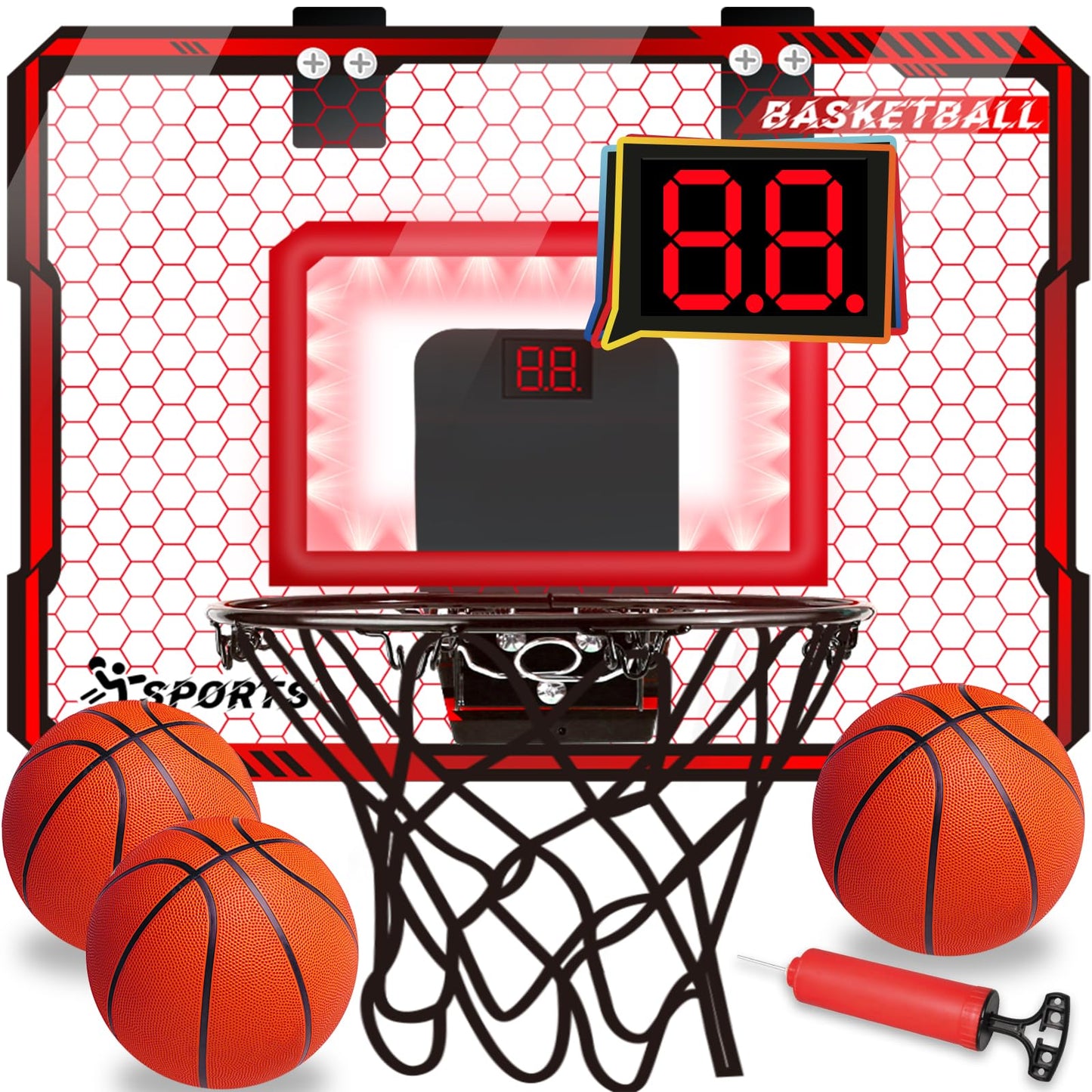 NEUBSAW Indoor Basketball Hoop with LED Lights – Door Mount, Scoreboard & 3 Balls