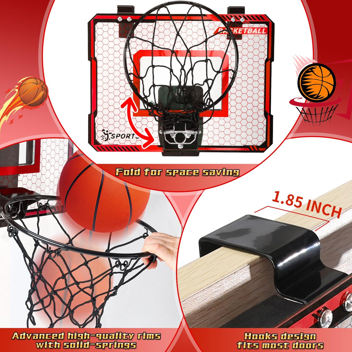 NEUBSAW Indoor Basketball Hoop with LED Lights – Door Mount, Scoreboard & 3 Balls