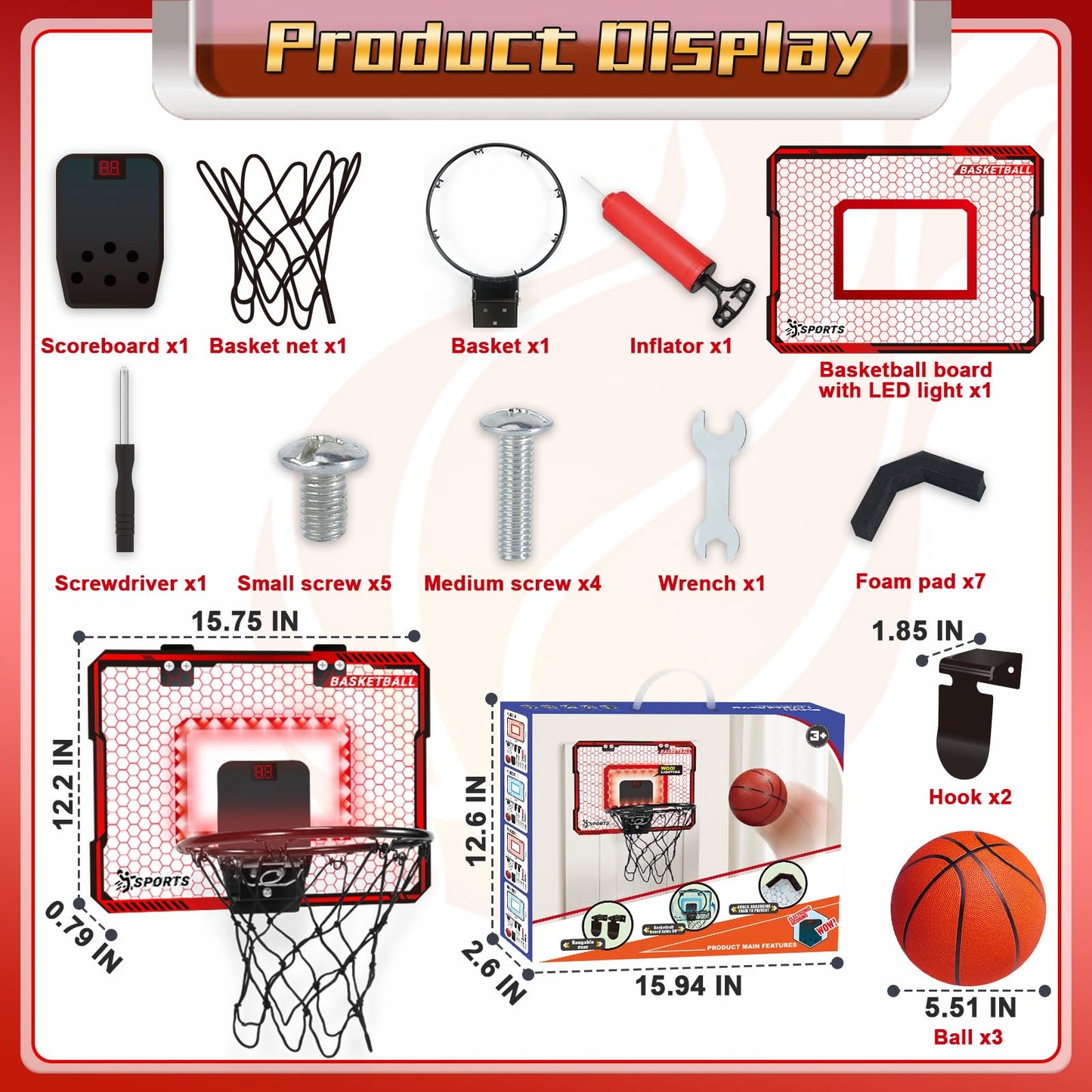 NEUBSAW Indoor Basketball Hoop with LED Lights – Door Mount, Scoreboard & 3 Balls