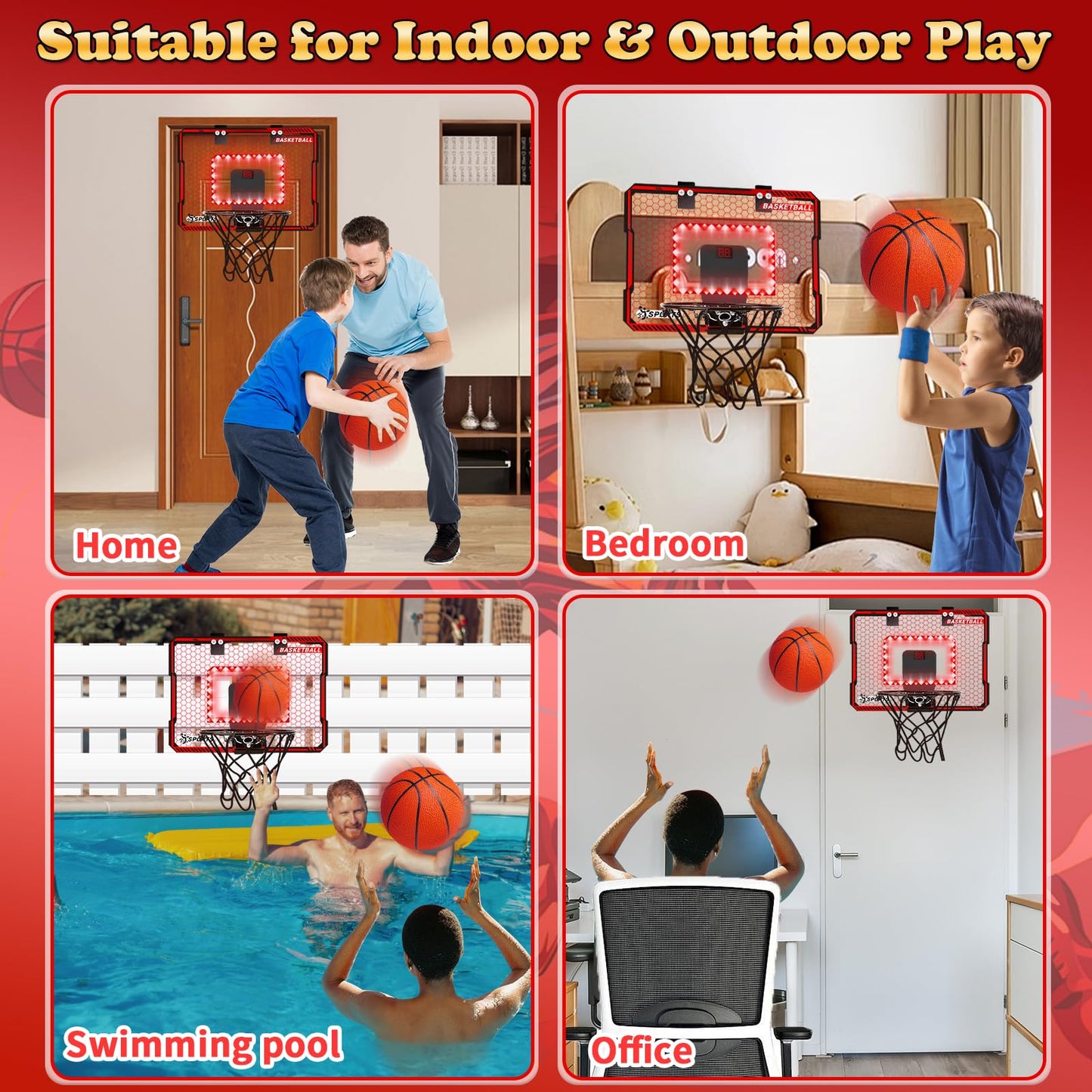 NEUBSAW Indoor Basketball Hoop with LED Lights – Door Mount, Scoreboard & 3 Balls