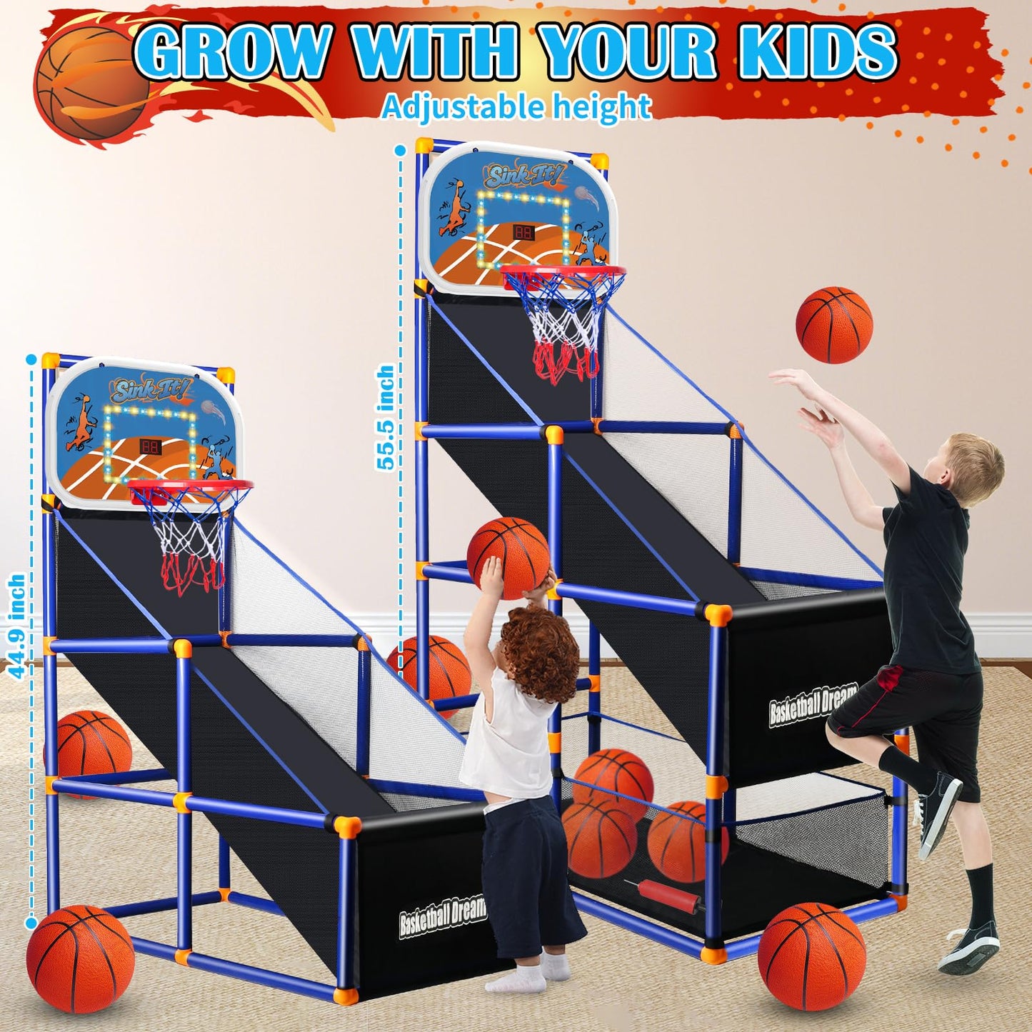 NEUBSAW LED Arcade Basketball Game Set with Electronic Scoreboard – Adjustable Height Indoor/Outdoor Hoop