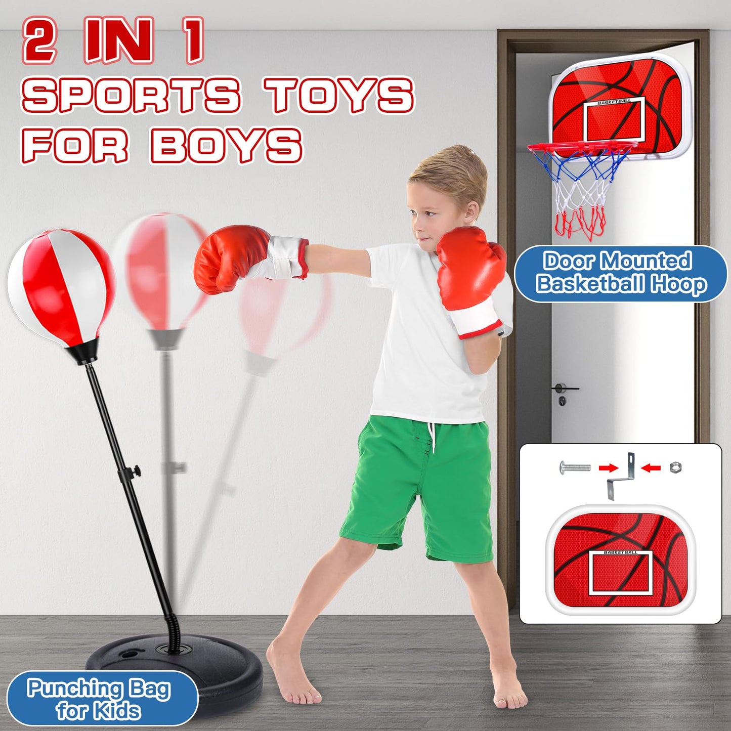 NEUBSAW 2-in-1 Adjustable Kids Basketball Hoop & Punching Bag with Stand