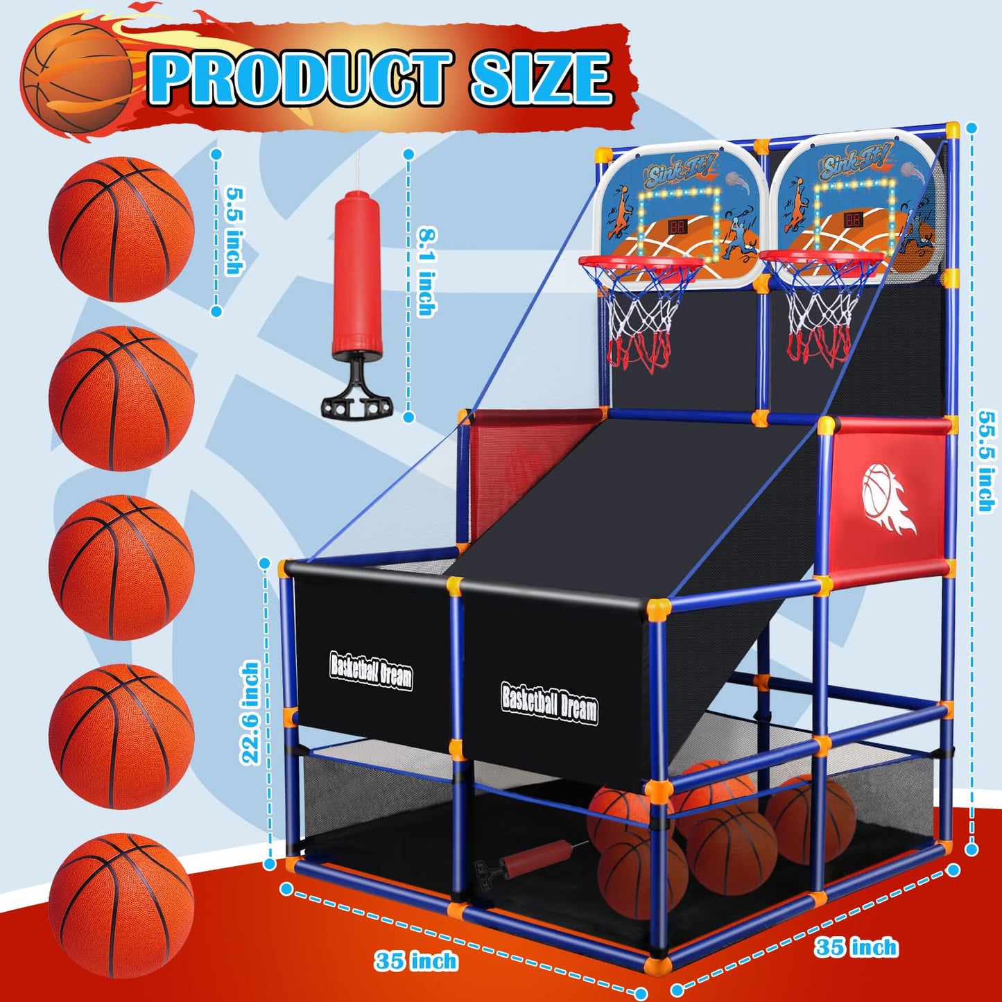 NEUBSAW LED Arcade Basketball Game Set – 2 Players, Adjustable Height, Electronic Scoreboard, 5 Balls