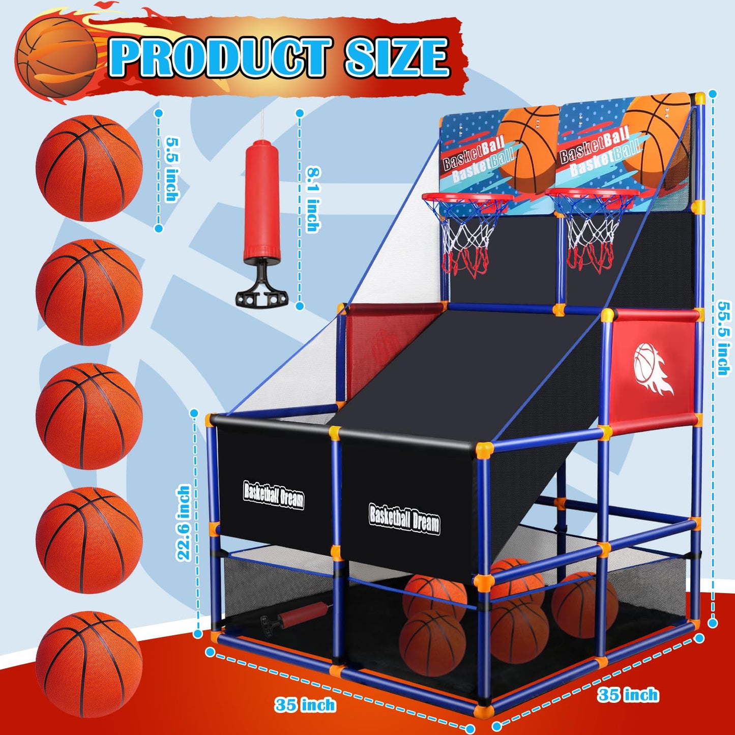 NEUBSAW Arcade Basketball Game Set — 2-Player Kids Hoop with 5 Balls, Adjustable Height