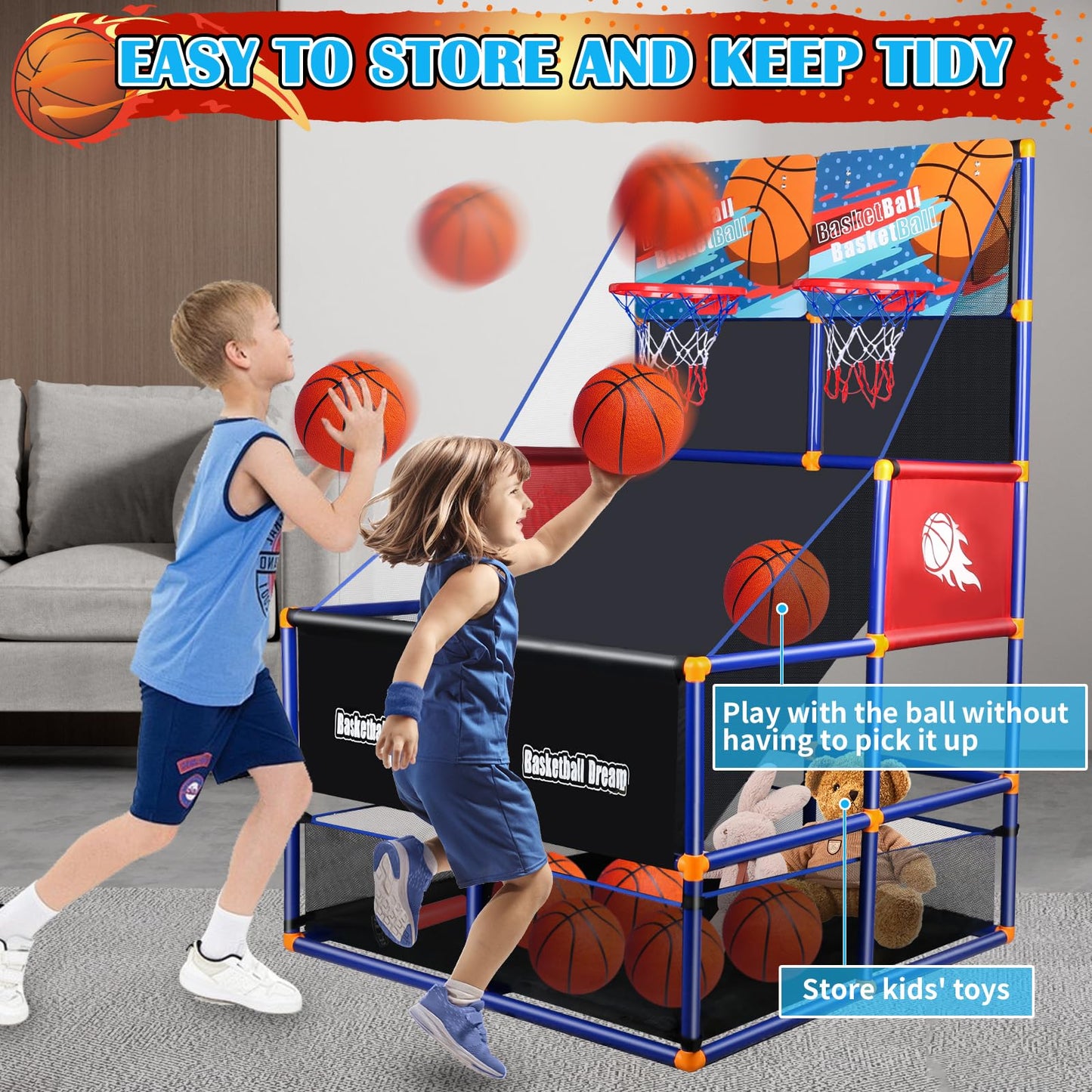 NEUBSAW Arcade Basketball Game Set — 2-Player Kids Hoop with 5 Balls, Adjustable Height