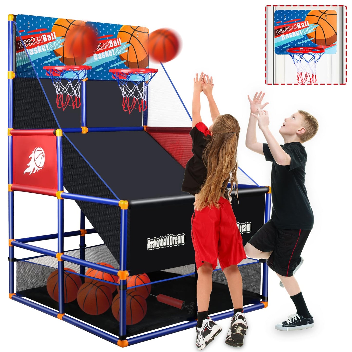 NEUBSAW Arcade Basketball Game Set — 2-Player Kids Hoop with 5 Balls, Adjustable Height