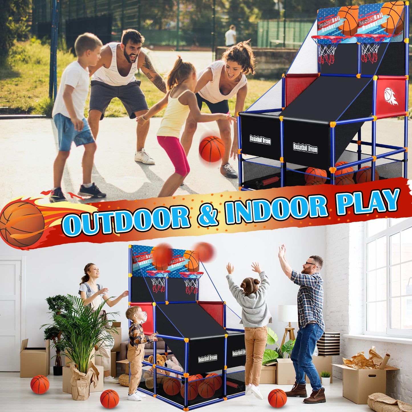 NEUBSAW Arcade Basketball Game Set — 2-Player Kids Hoop with 5 Balls, Adjustable Height