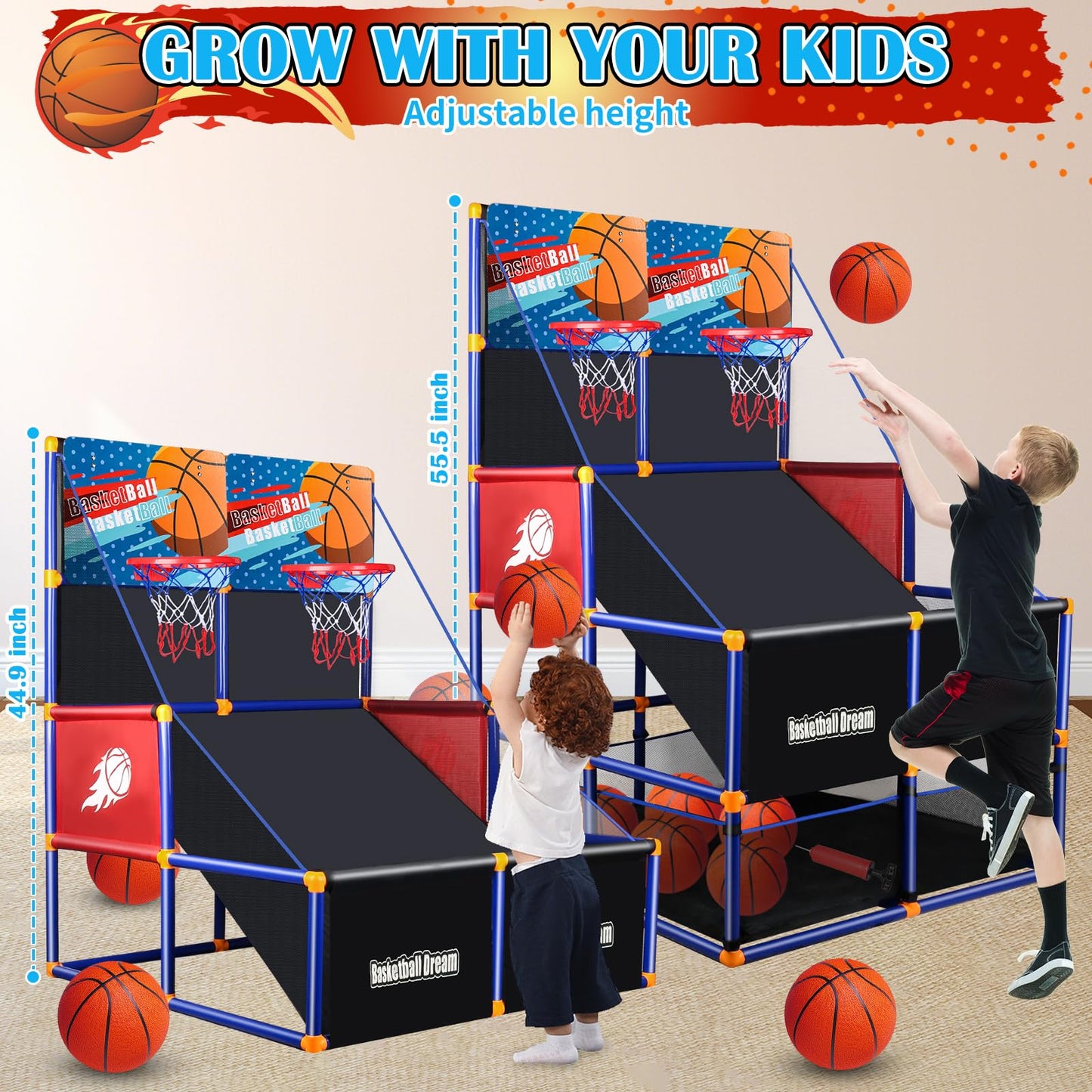 NEUBSAW Arcade Basketball Game Set — 2-Player Kids Hoop with 5 Balls, Adjustable Height